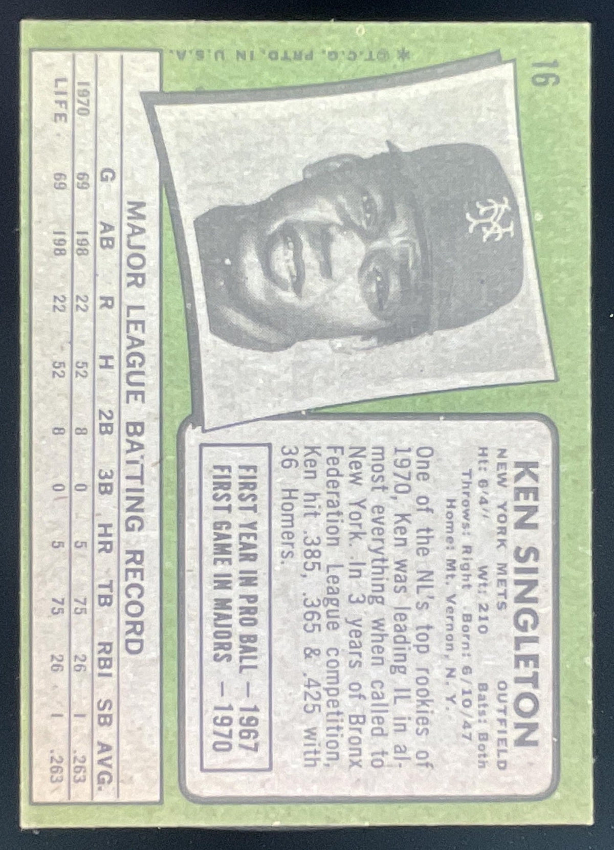 1971 Topps #16 Ken Singleton RC product image 2, provided for visual reference and product detail review