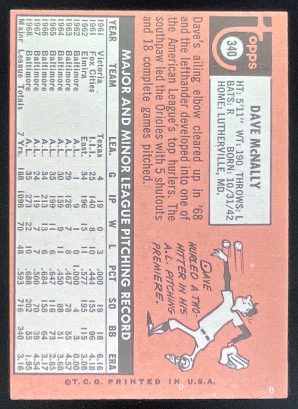 1969 Topps #340 Dave McNally product image 2, provided for visual reference and product detail review