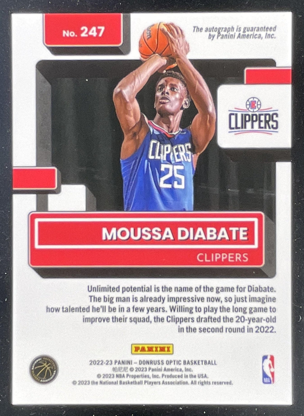 2022-23 Donruss Optic Rated Rookies Signatures #247 Moussa Diabate RC Auto product image 2, provided for visual reference