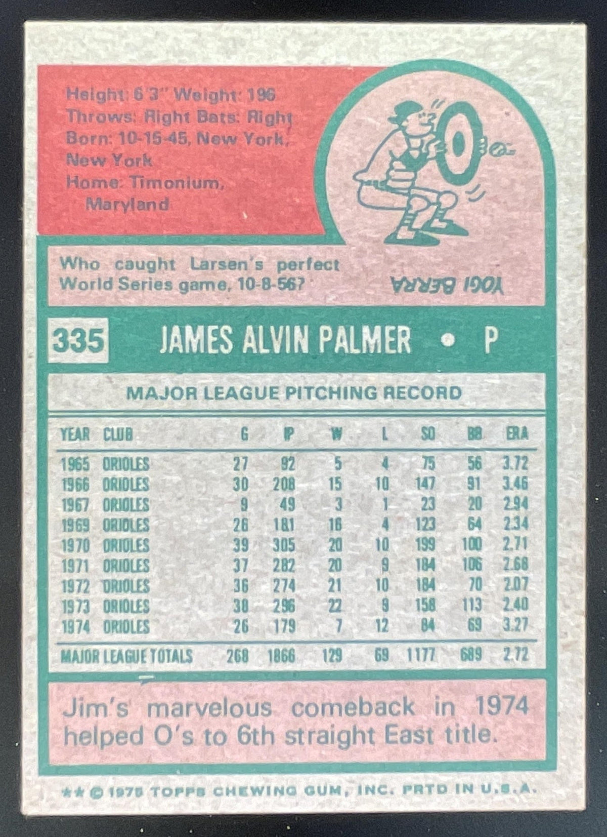 1975 Topps #335 Jim Palmer product image 2, provided for visual reference and product detail review