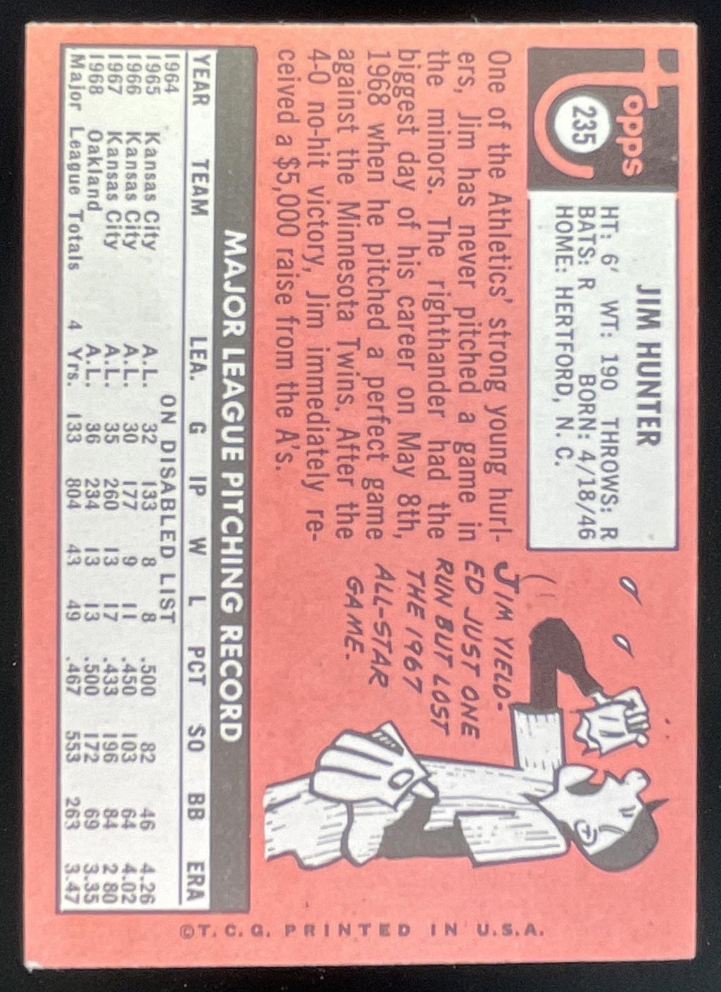 1969 Topps #235 Jim Hunter product image 2, provided for visual reference and product detail review