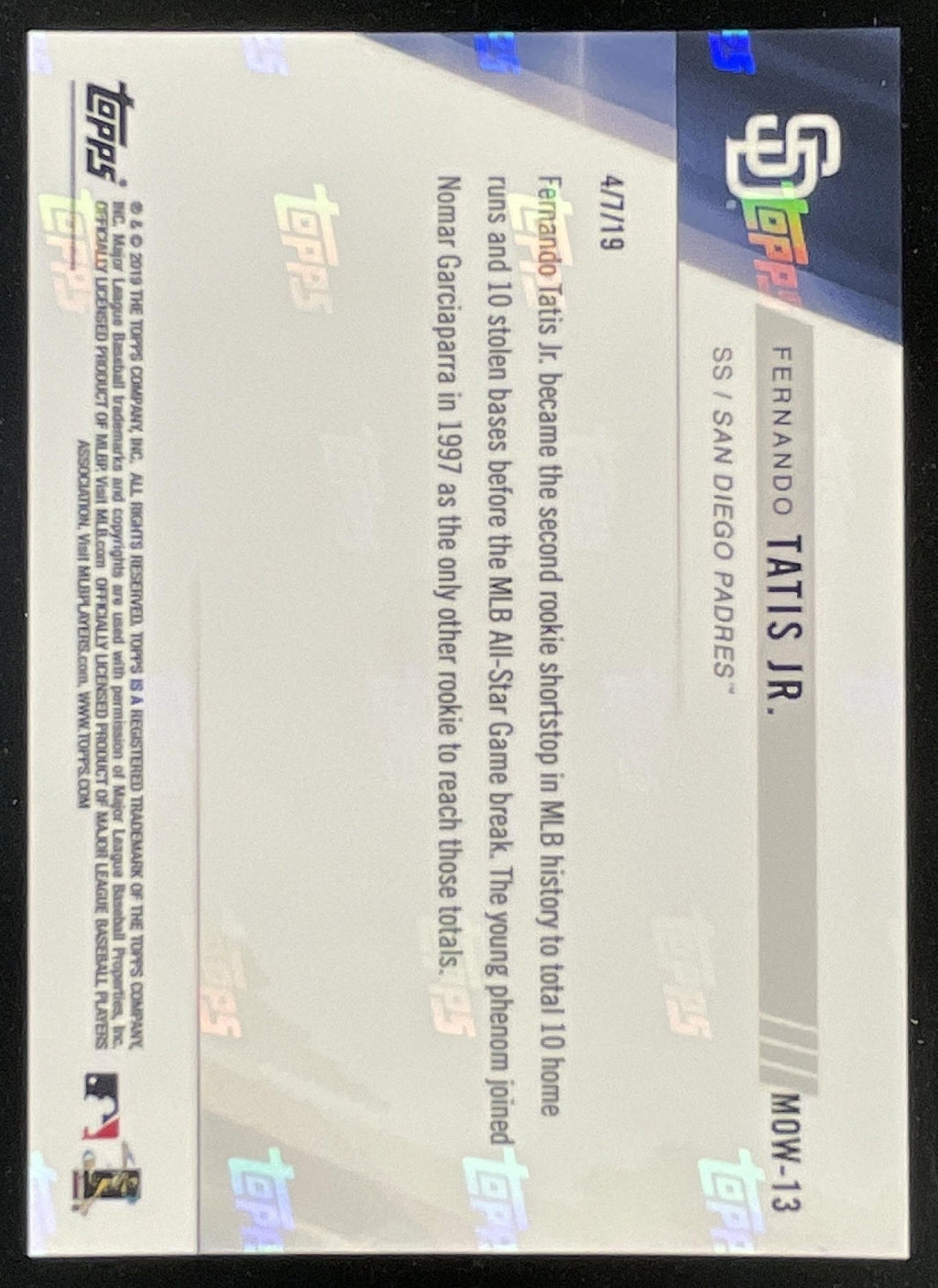 2019 Topps Now Moment of the Week #MOW-13 Fernando Tatis Jr. RC product image 2, provided for visual reference and product