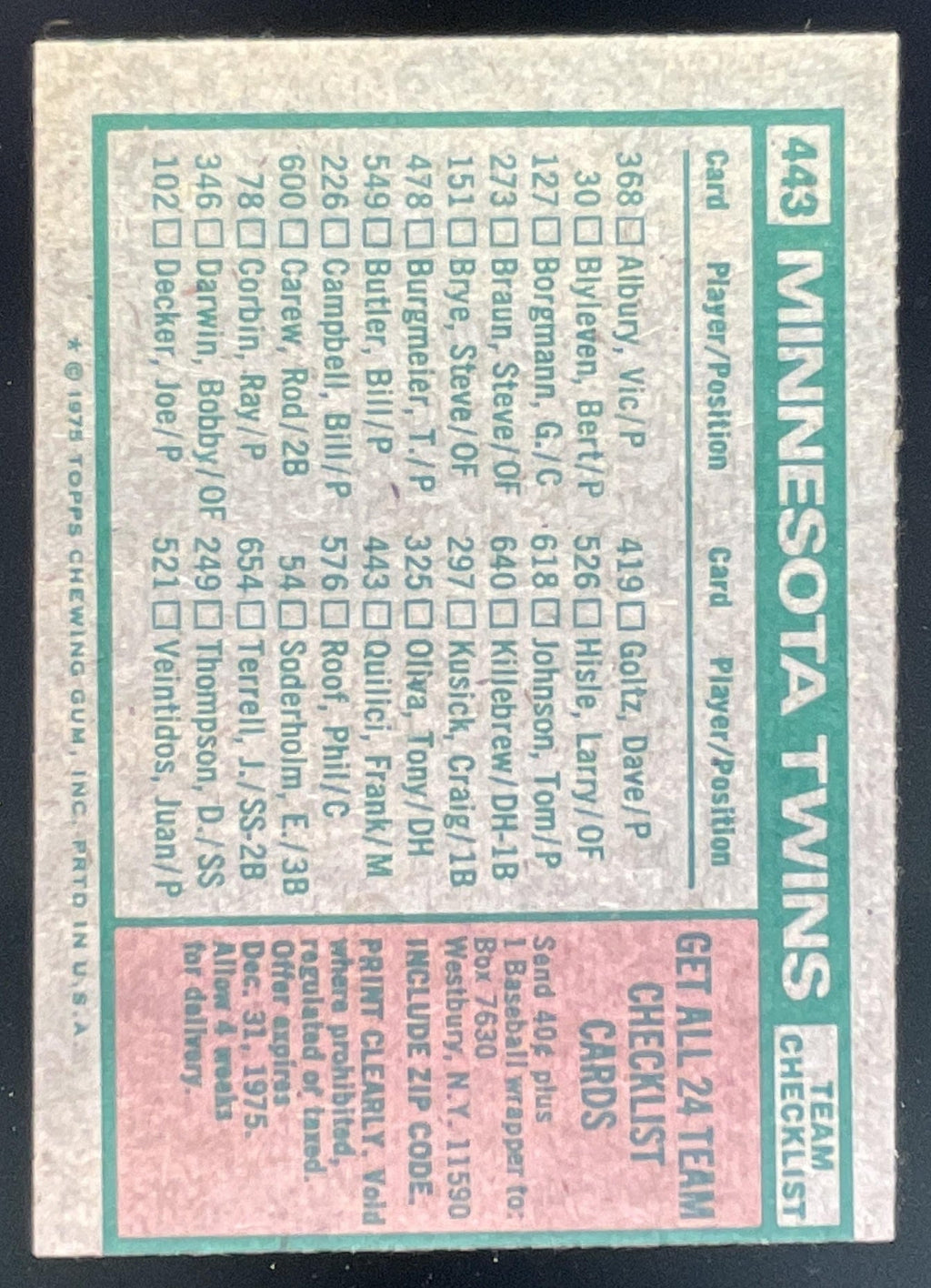 1975 Topps #443 Minnesota Twins Frank Quilici MGR Checklist Card Team Card product image 2, provided for visual reference