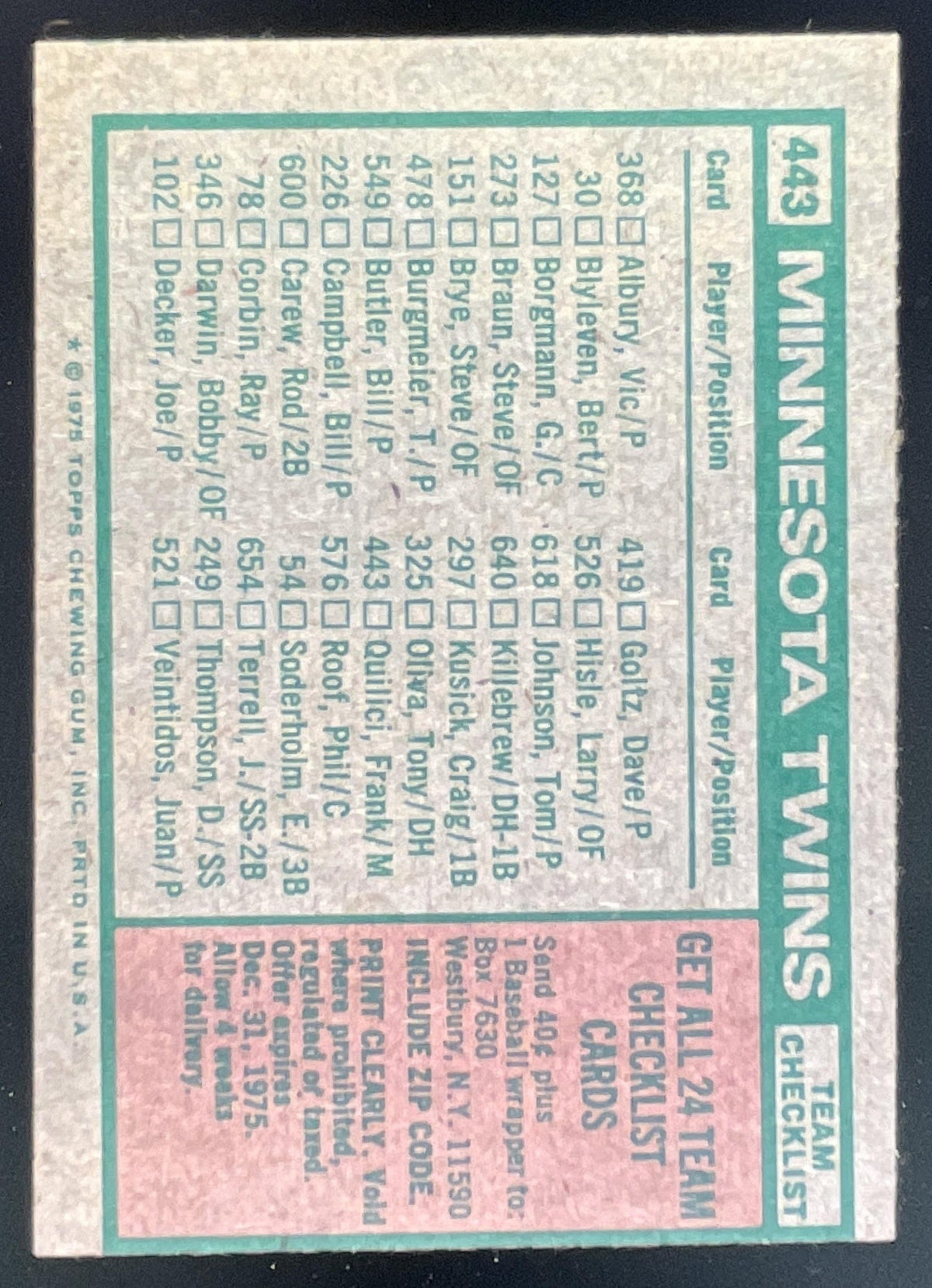 1975 Topps #443 Minnesota Twins Frank Quilici MGR Checklist Card Team Card product image 2, provided for visual reference