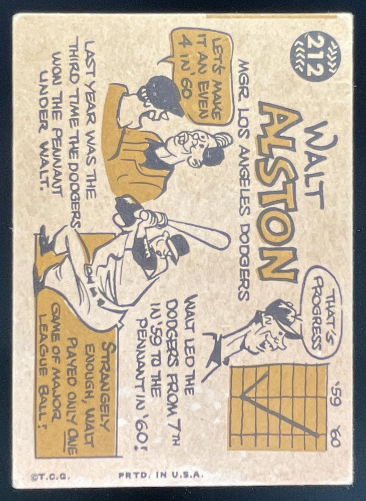 1960 Topps #212 Walt Alston product image 2, provided for visual reference and product detail review
