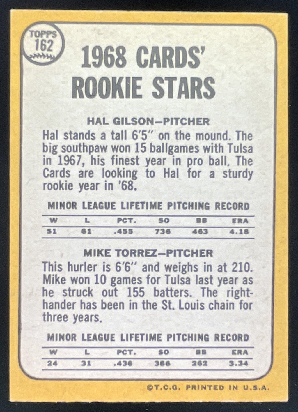 1968 Topps #162 Cardinals 1968 Rookie Stars Hal Gilson Mike Torrez RS, RC product image 2, provided for visual reference and