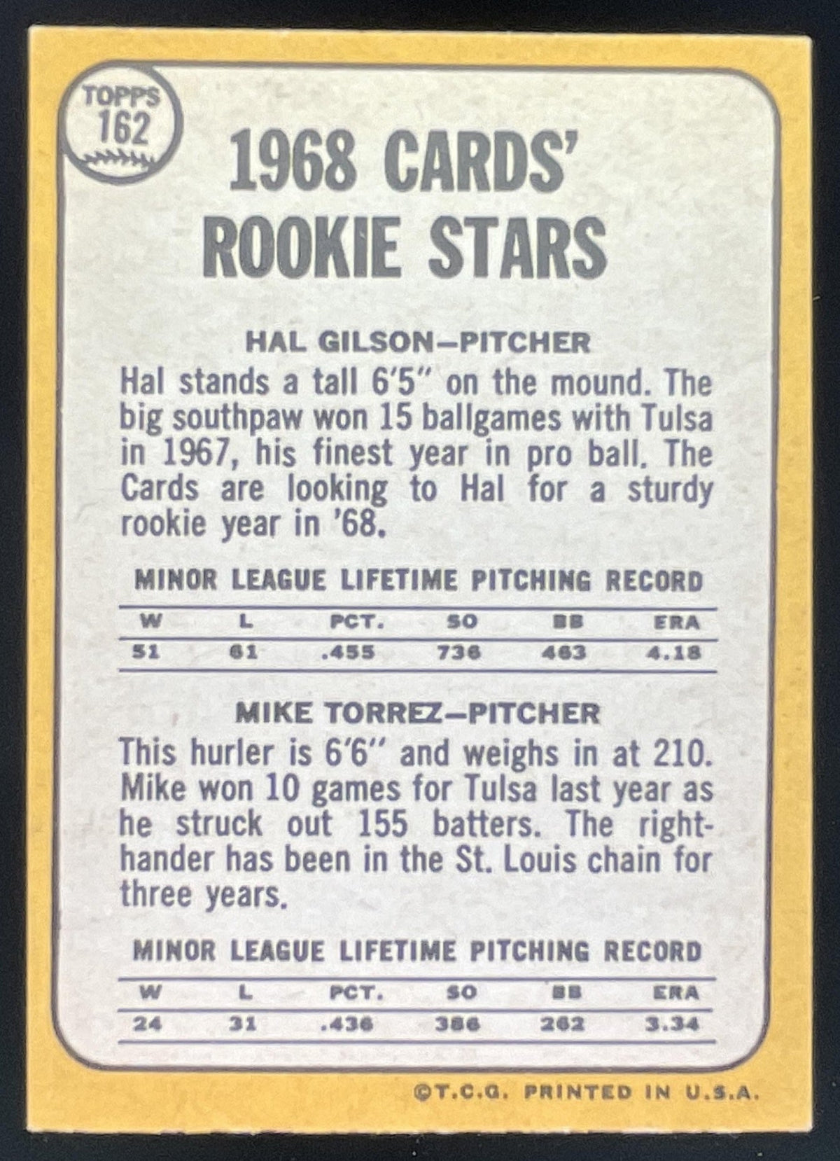 1968 Topps #162 Cardinals 1968 Rookie Stars Hal Gilson Mike Torrez RS, RC product image 2, provided for visual reference and