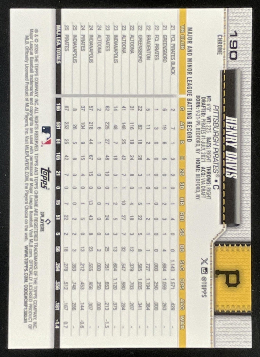 2026 Topps Chrome Sapphire White Refractor #190 Henry Davis /30 product image 2, provided for visual reference and product