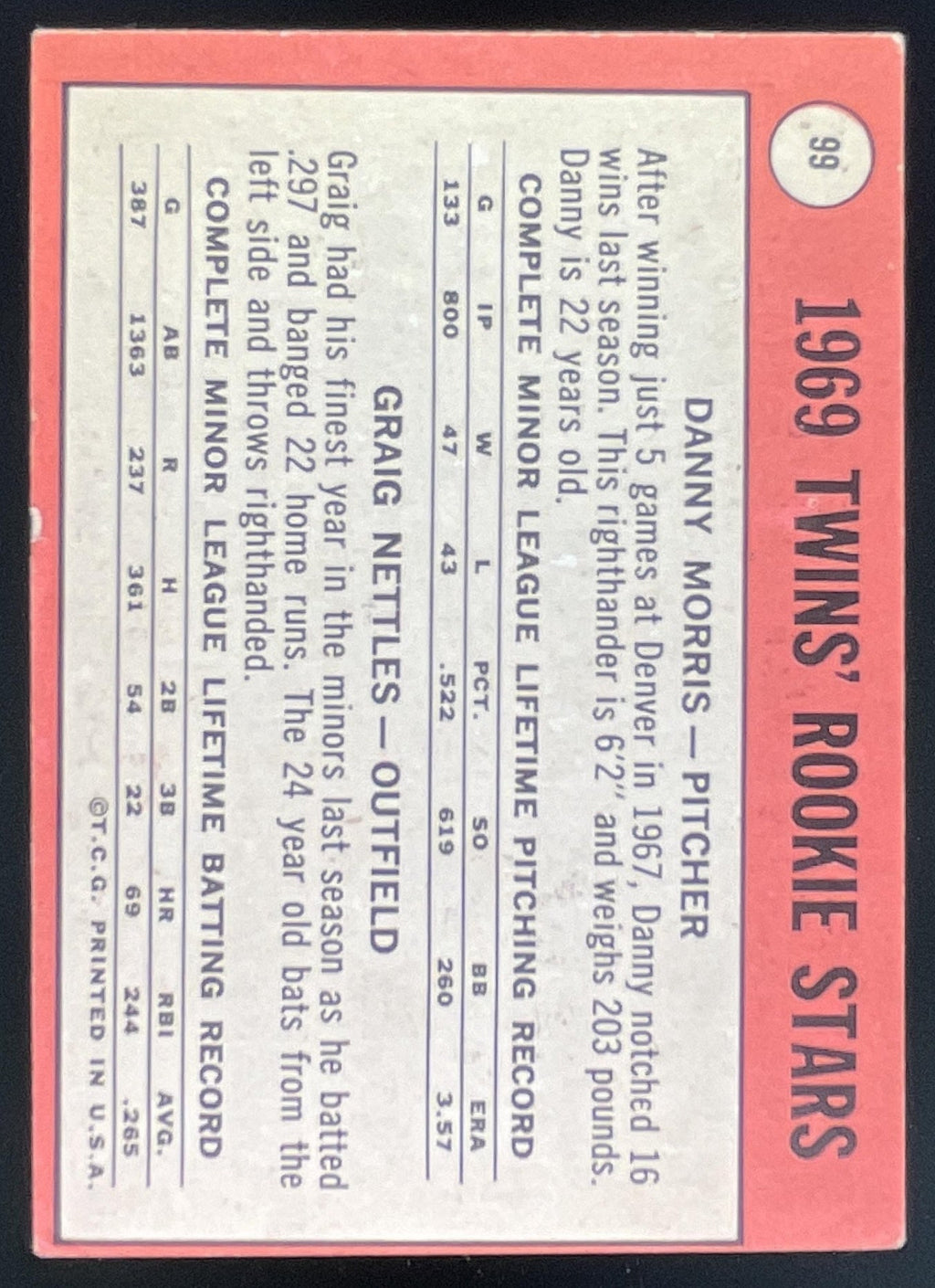 1969 Topps #99 Twins 1969 Rookie Stars Danny Morris Graig Nettles RC product image 2, provided for visual reference and