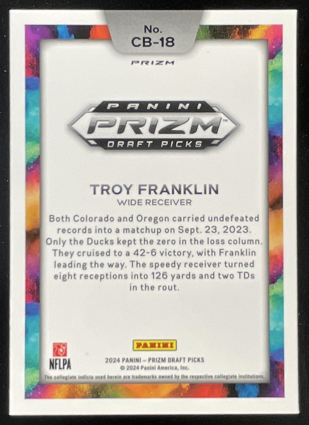 2024 Prizm Collegiate Draft Picks Color Blast SSP Black #CB-18 Troy Franklin RC product image 2, provided for visual