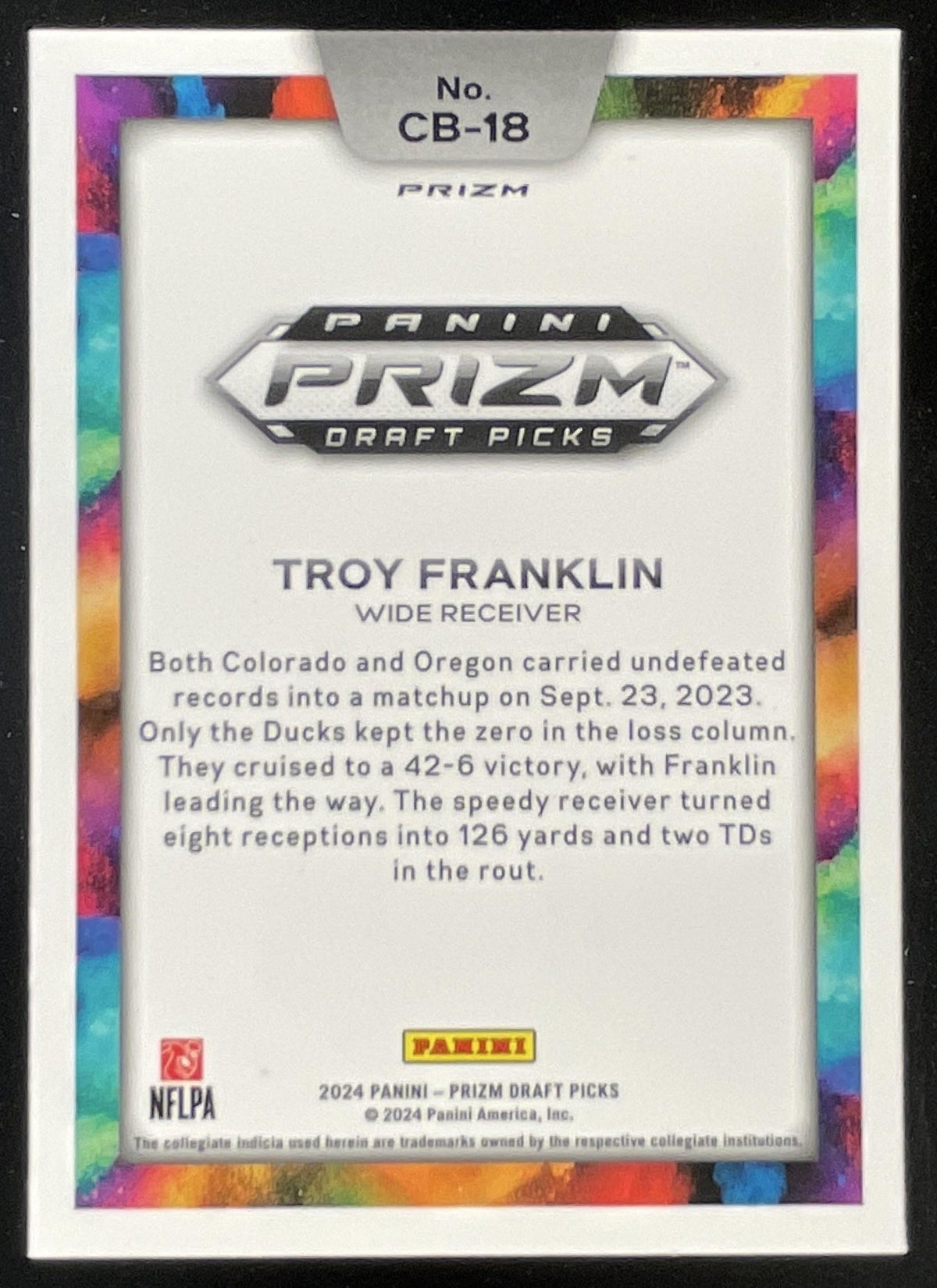 2024 Prizm Collegiate Draft Picks Color Blast SSP Black #CB-18 Troy Franklin RC product image 2, provided for visual