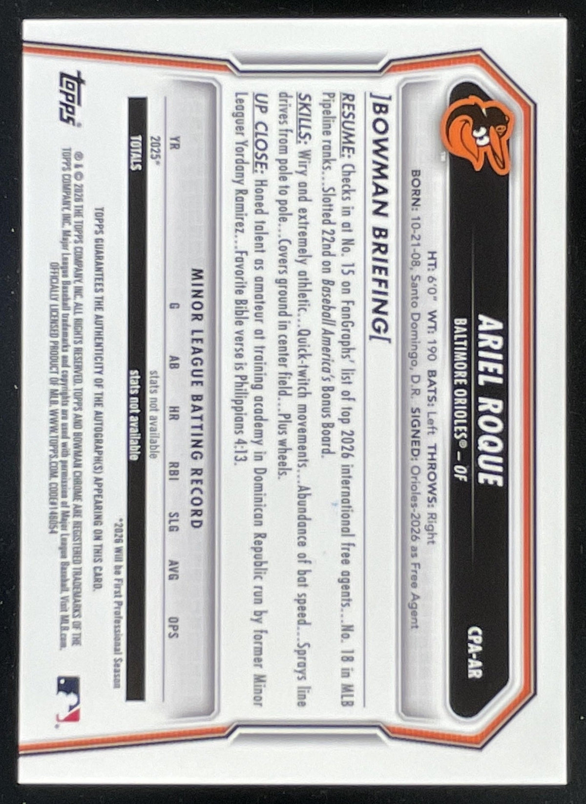 2026 Bowman Chrome Prospects Autograph #CPA-AR Ariel Roque RC Auto product image 2, provided for visual reference and