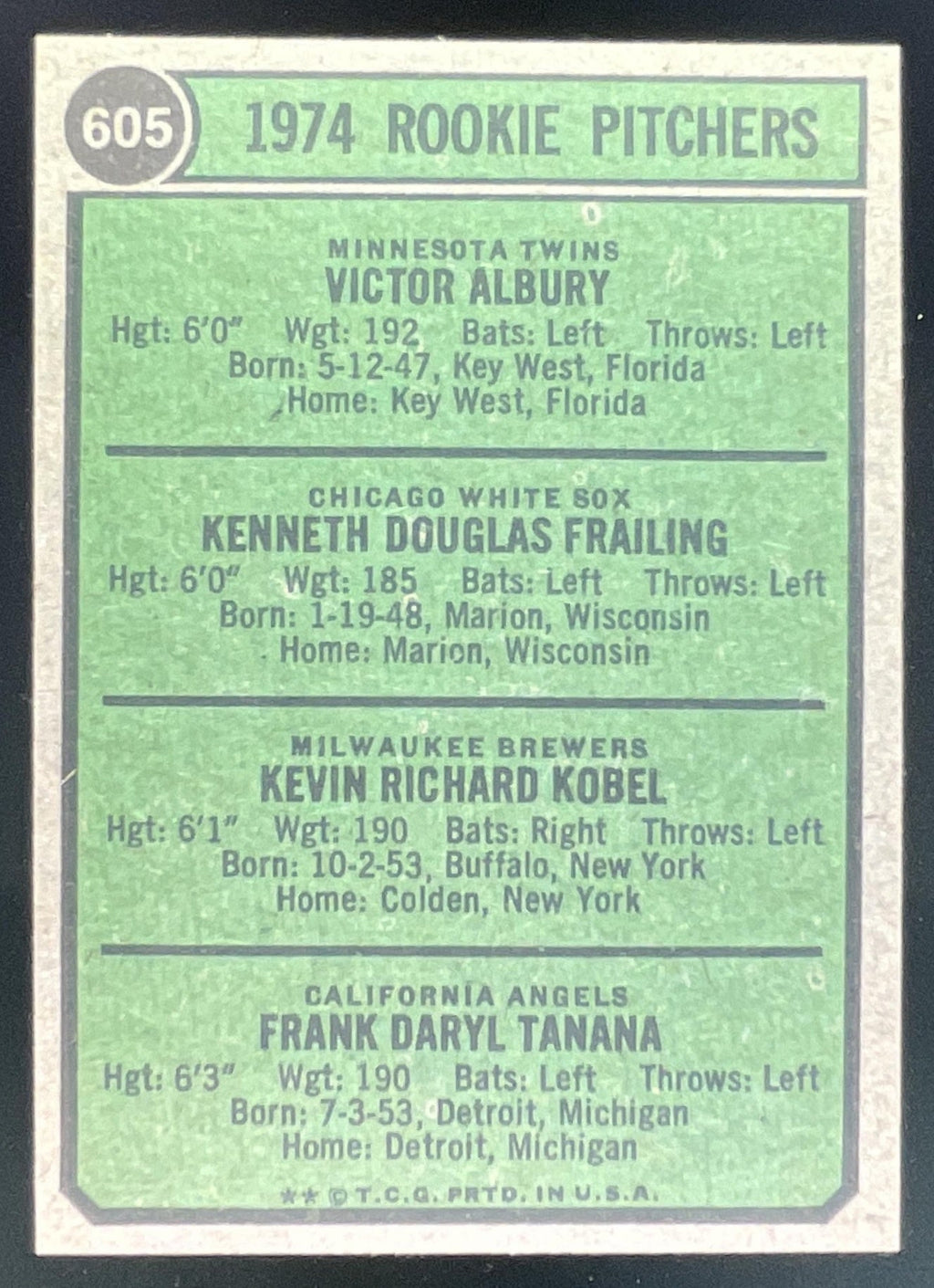 1974 Topps #605 1974 Rookie Vic Albury Ken Frailing Kevin Kobel Frank Tanana RC product image 2, provided for visual