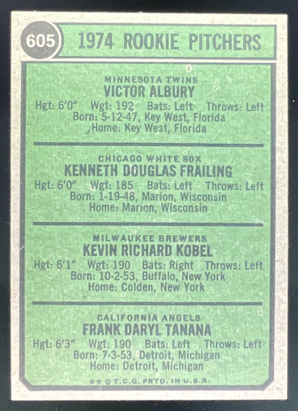 1974 Topps #605 1974 Rookie Vic Albury Ken Frailing Kevin Kobel Frank Tanana RC product image 2, provided for visual
