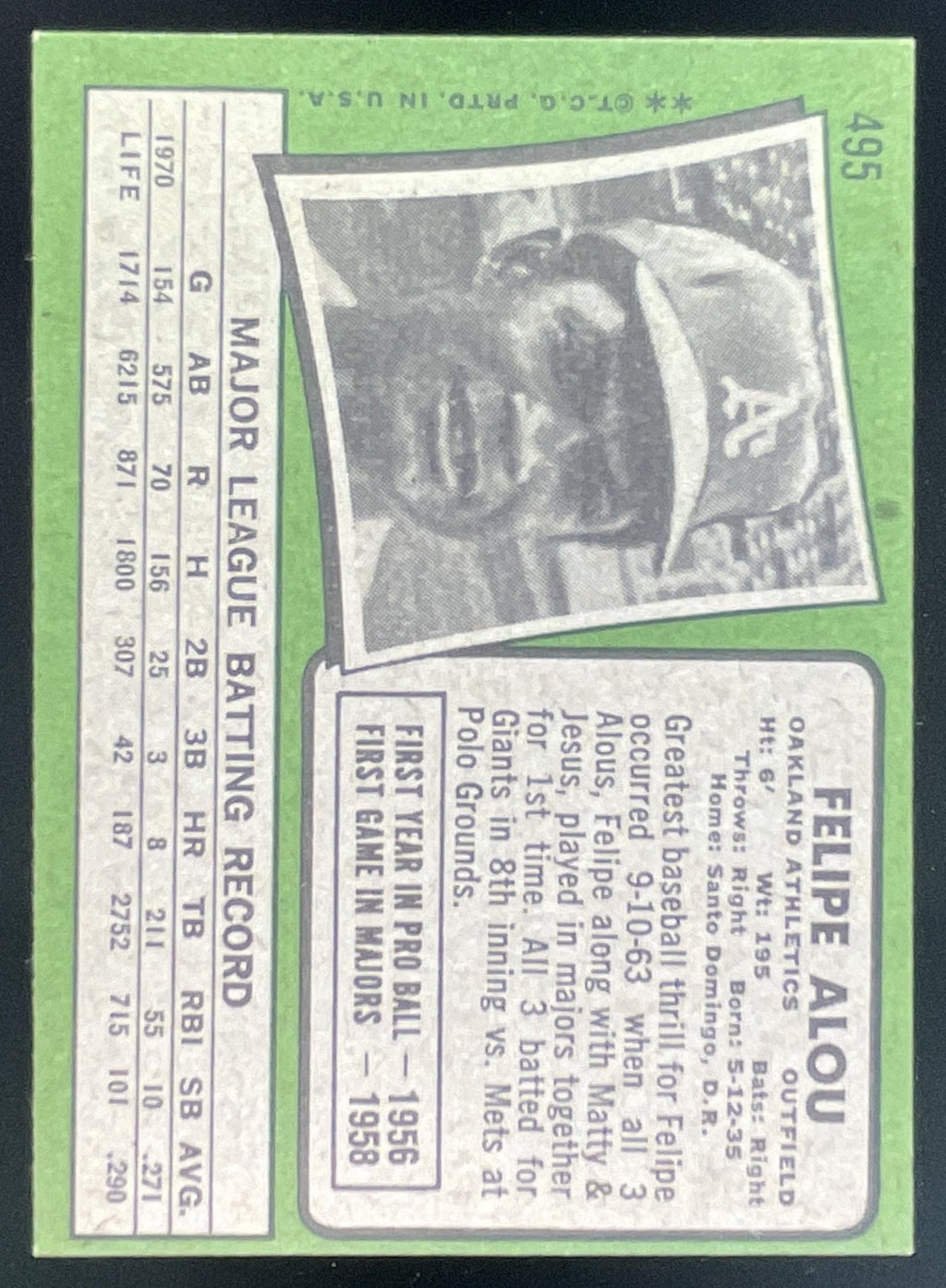 1971 Topps #495 Felipe Alou product image 2, provided for visual reference and product detail review