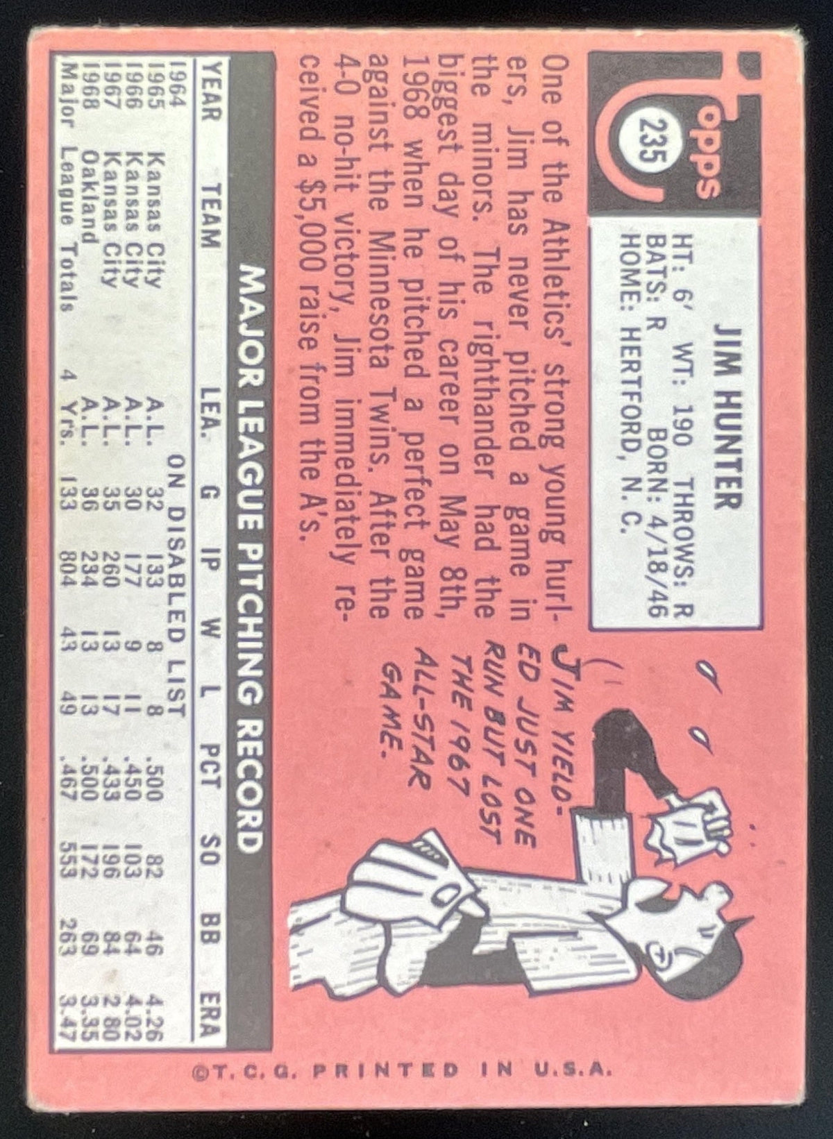 1969 Topps #235 Jim Hunter product image 2, provided for visual reference and product detail review