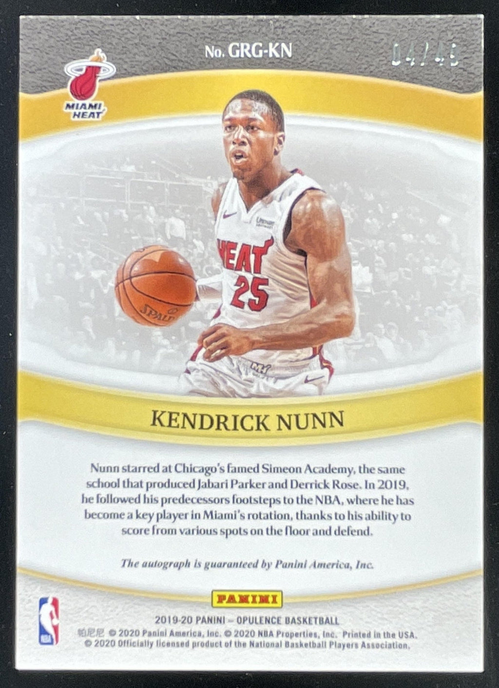 2019-20 Panini Opulence Golden Rookie Graphs #GRG-KN Kendrick Nunn RC Auto /49 product image 2, provided for visual