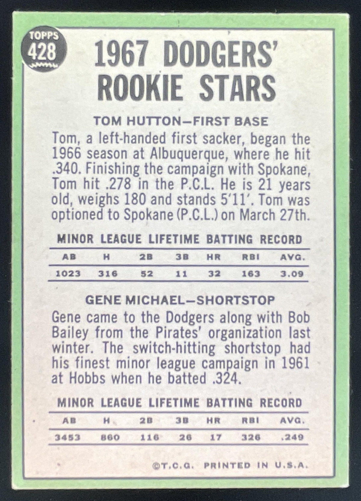 1967 Topps #428 Dodgers 1967 Rookie Stars Tom Hutton Gene Michael RS, RC product image 2, provided for visual reference and