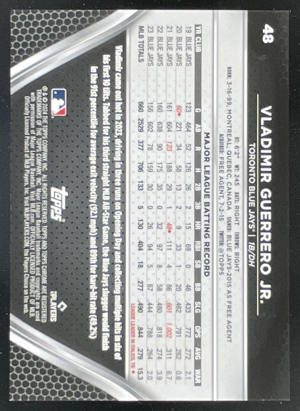 2024 Topps Chrome Black Orange Refractors #48 Vladimir Guerrero Jr./25 product image 2, provided for visual reference and