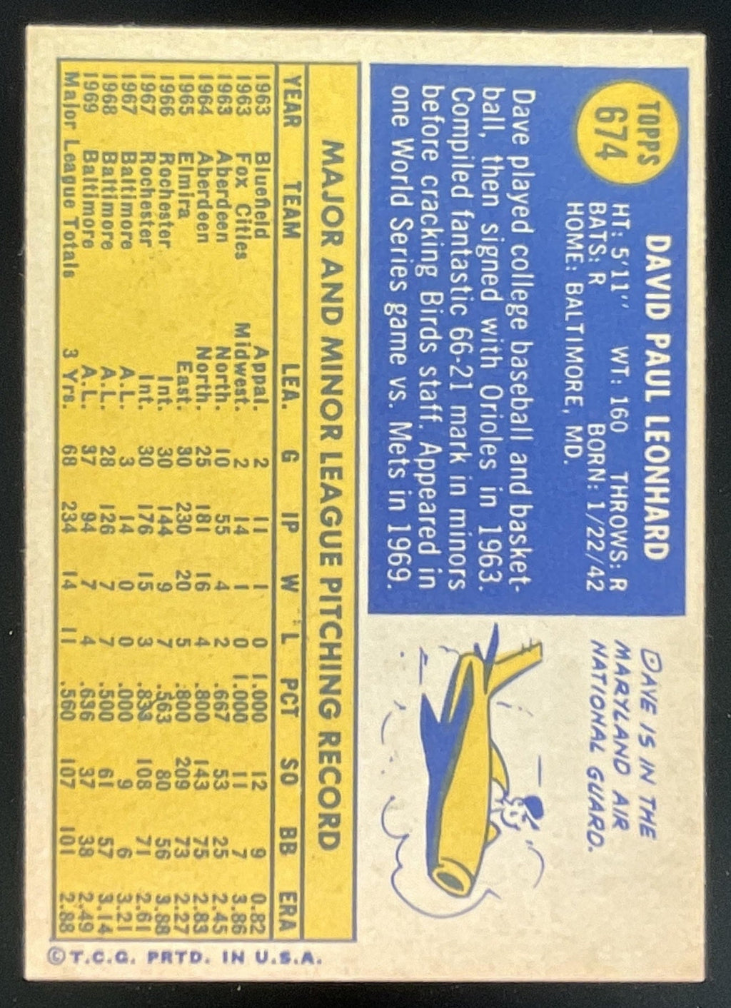1970 Topps #674 Dave Leonhard product image 2, provided for visual reference and product detail review