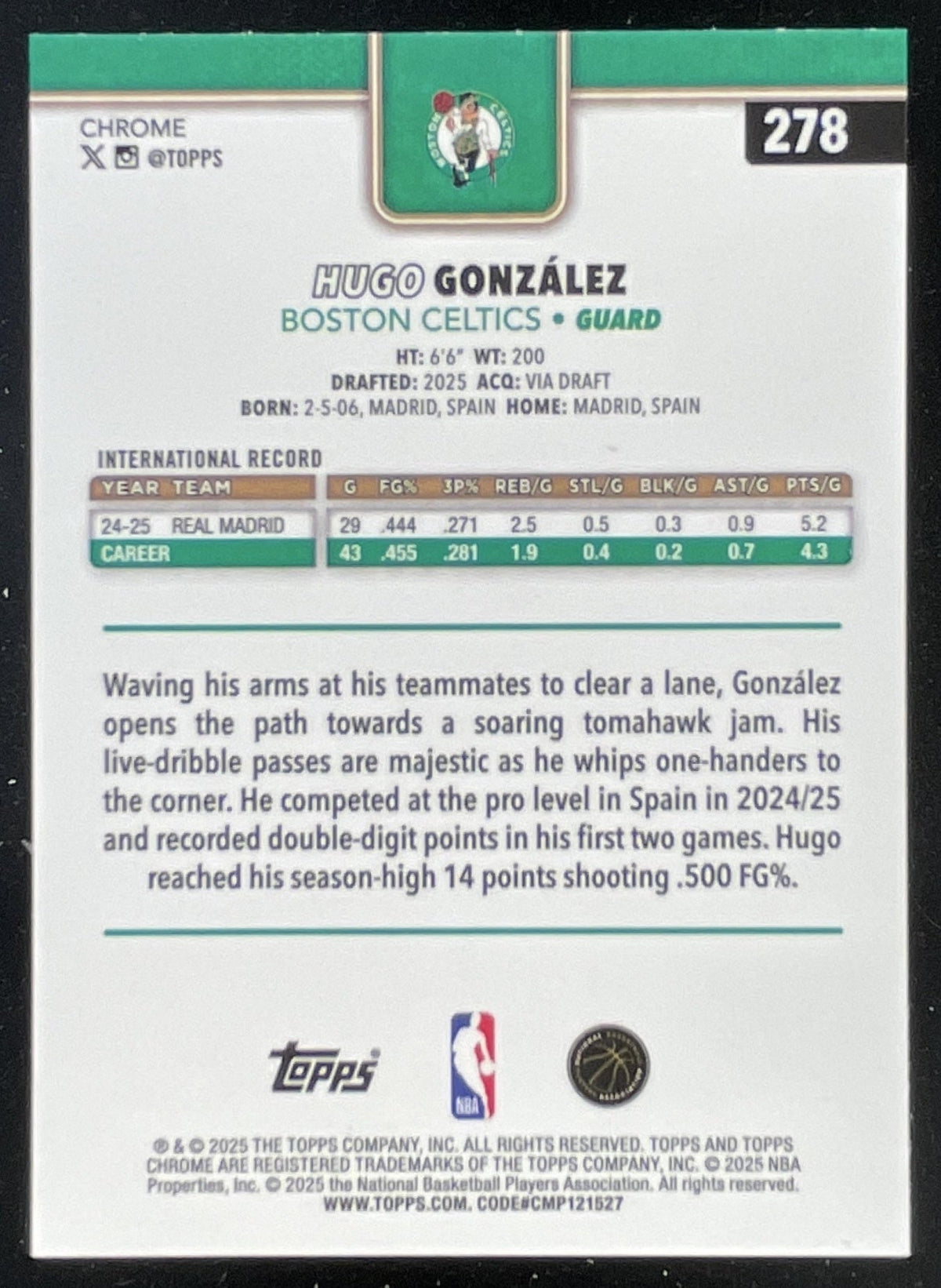 2025-26 Topps Chrome Refractor #278 Hugo Gonzalez RC product image 2, provided for visual reference and product detail review