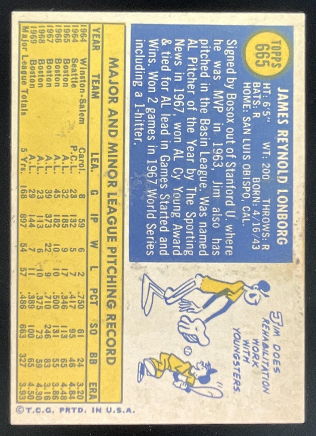 1970 Topps #665 Jim Lonborg product image 2, provided for visual reference and product detail review