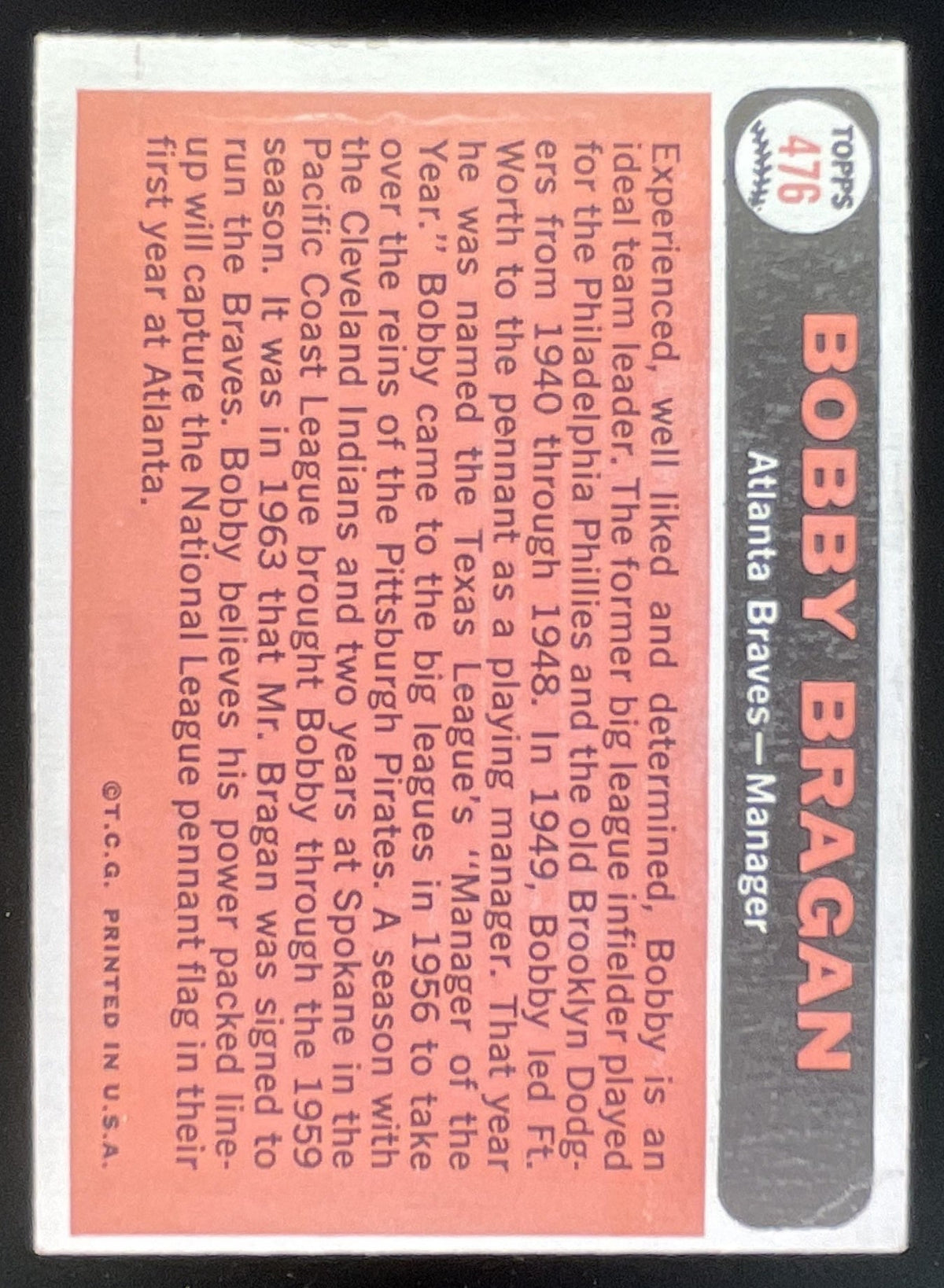 1966 Topps #476 Bobby Bragan product image 2, provided for visual reference and product detail review