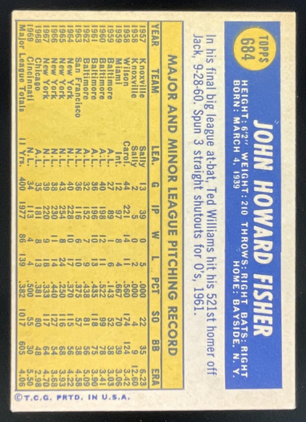 1970 Topps #684 Jack Fisher product image 2, provided for visual reference and product detail review
