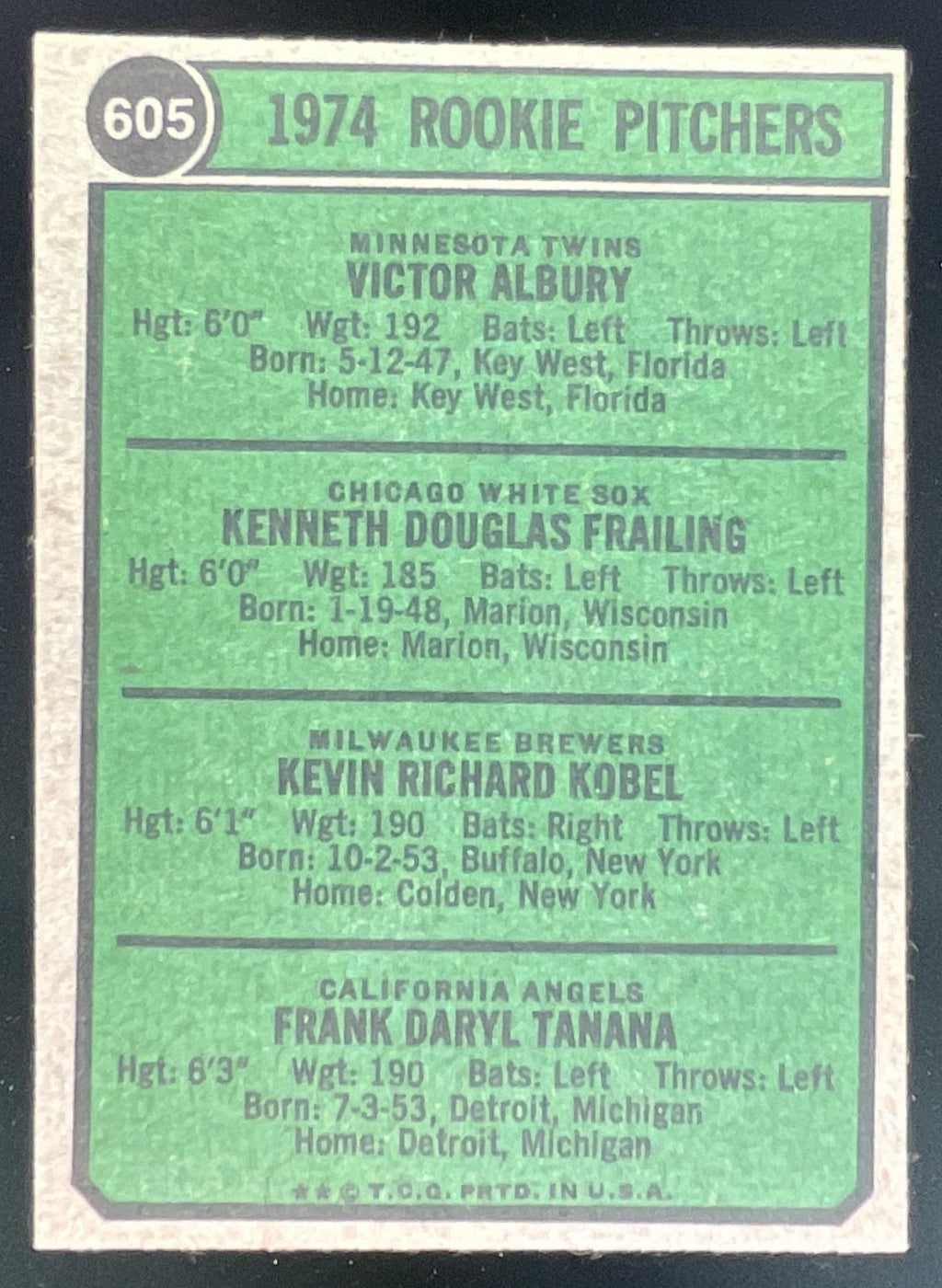 1974 Topps #605 1974 Rookie Vic Albury Ken Frailing Kevin Kobel Frank Tanana RC product image 2, provided for visual