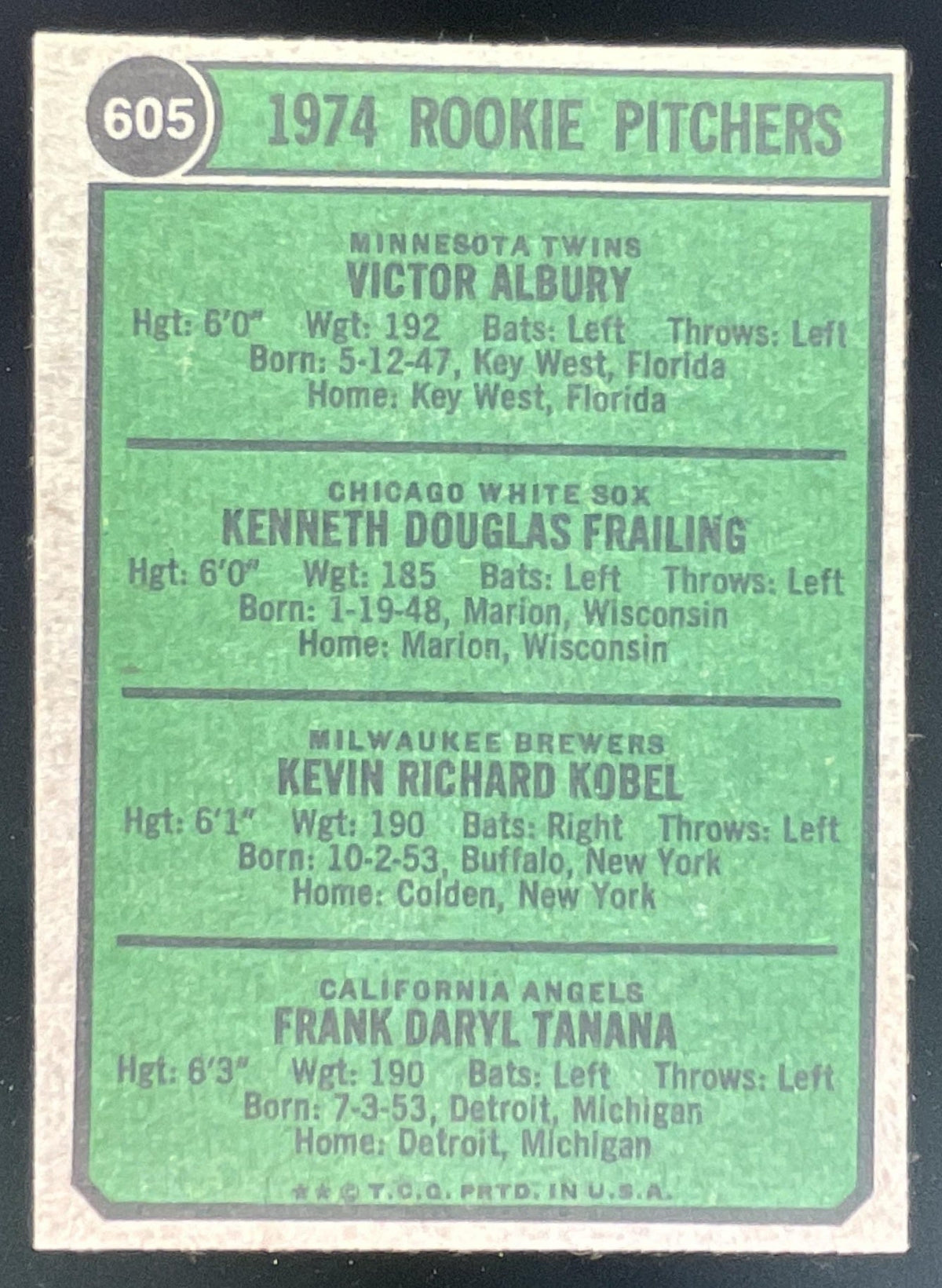 1974 Topps #605 1974 Rookie Vic Albury Ken Frailing Kevin Kobel Frank Tanana RC product image 2, provided for visual