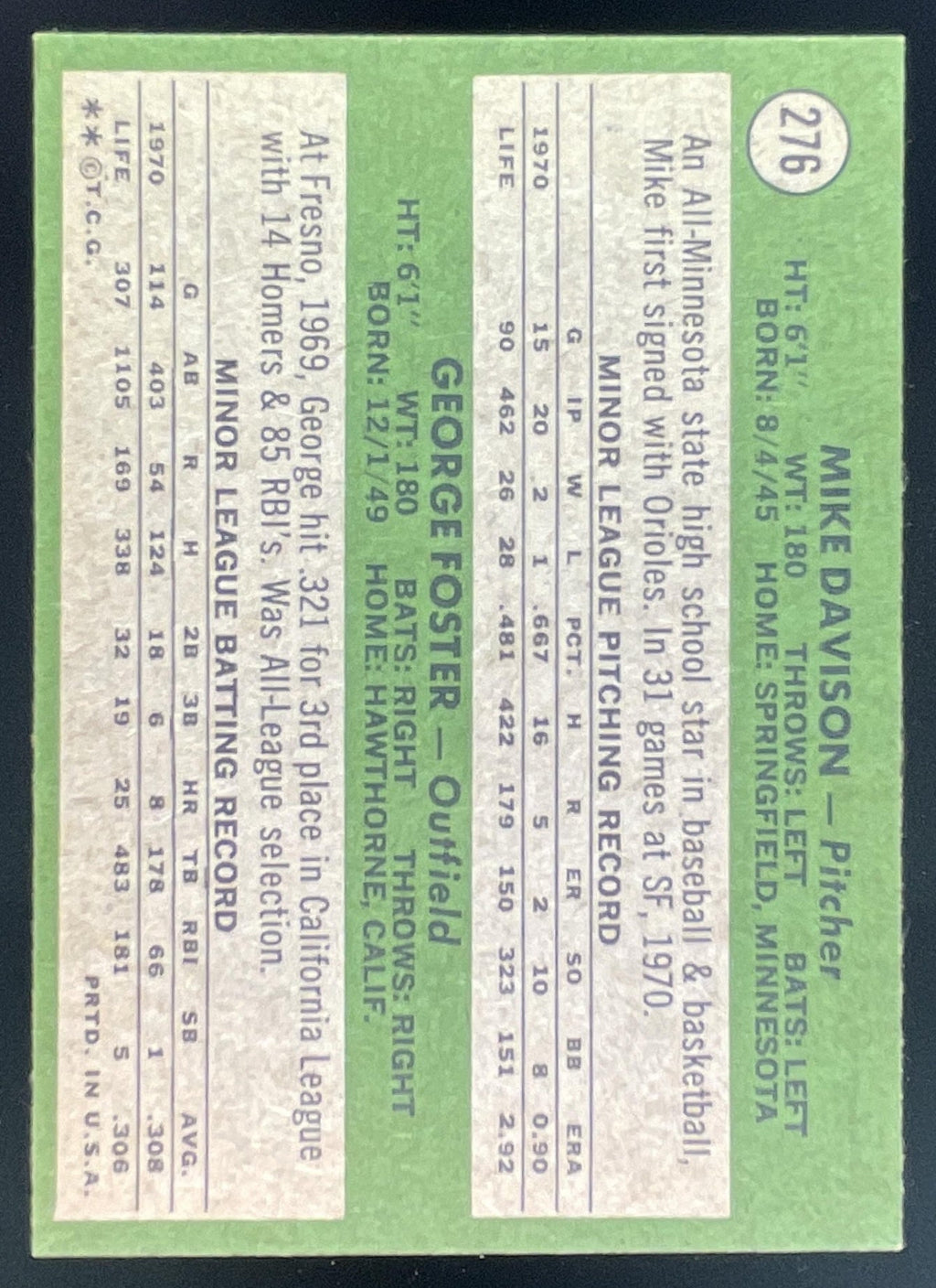 1971 Topps #276 Giants 1971 Rookie Stars Mike Davison George Foster RC product image 2, provided for visual reference and