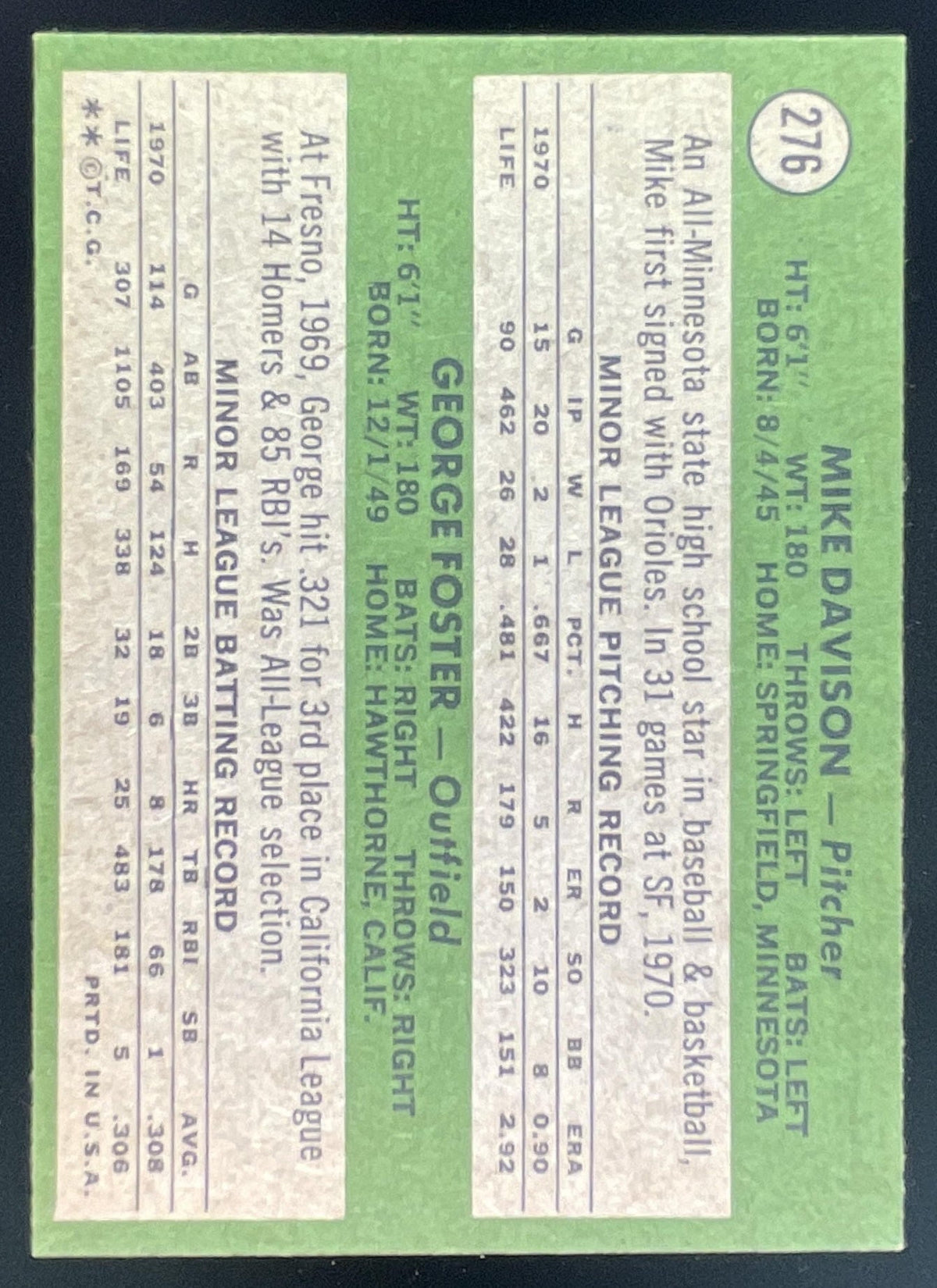 1971 Topps #276 Giants 1971 Rookie Stars Mike Davison George Foster RC product image 2, provided for visual reference and