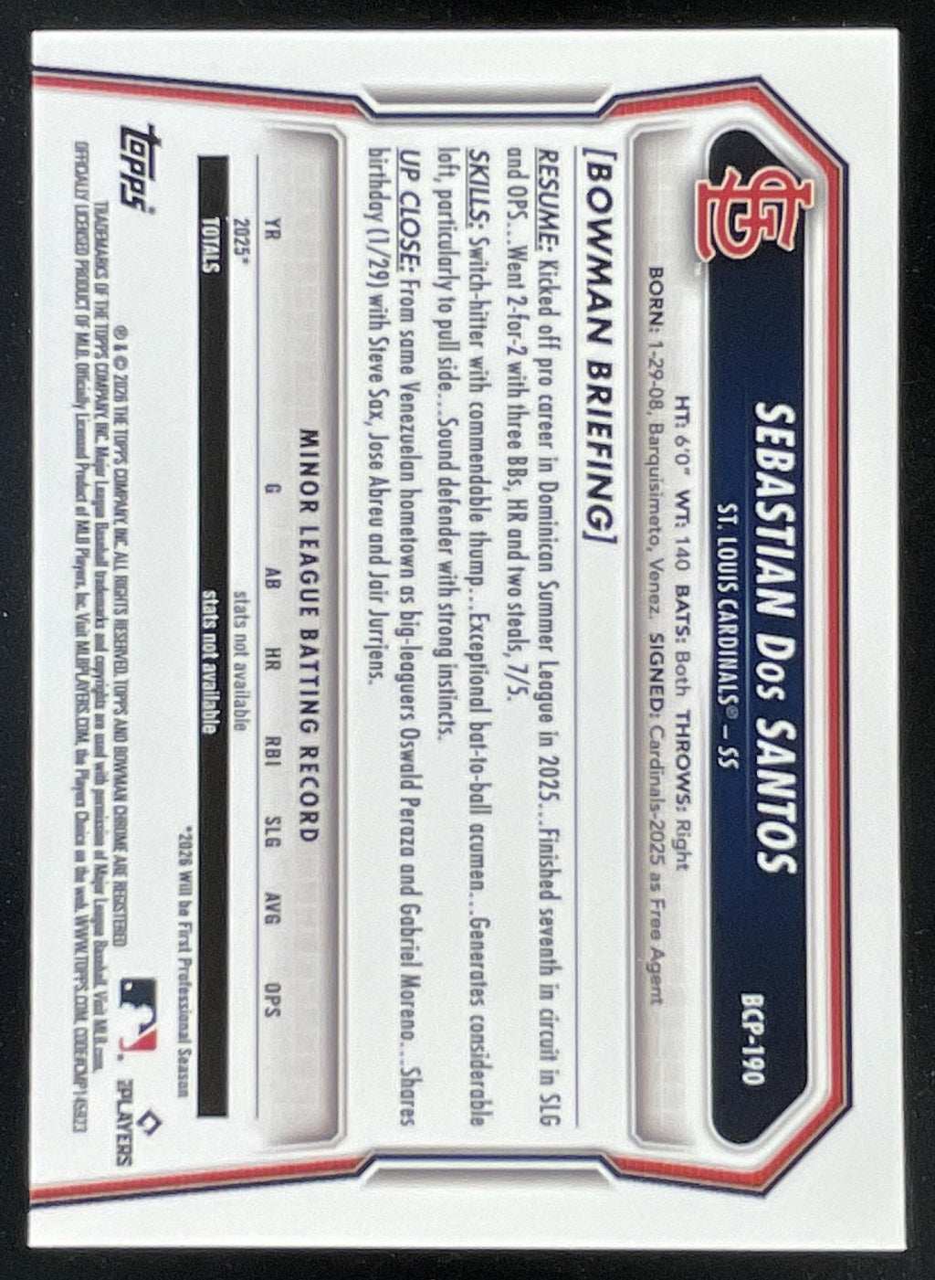 2026 Bowman Chrome Prospects Purple Shimmer #BCP190 Sebastian Dos Santos RC /250 product image 2, provided for visual