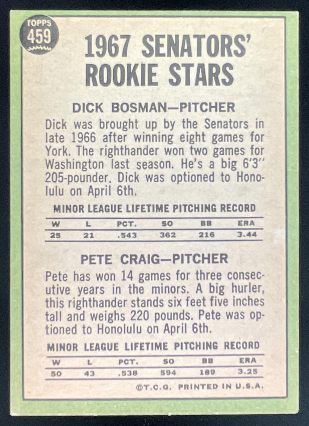 1967 Topps #459 Senators 1967 Rookie Stars Dick Bosman Pete Craig RS, RC product image 2, provided for visual reference and