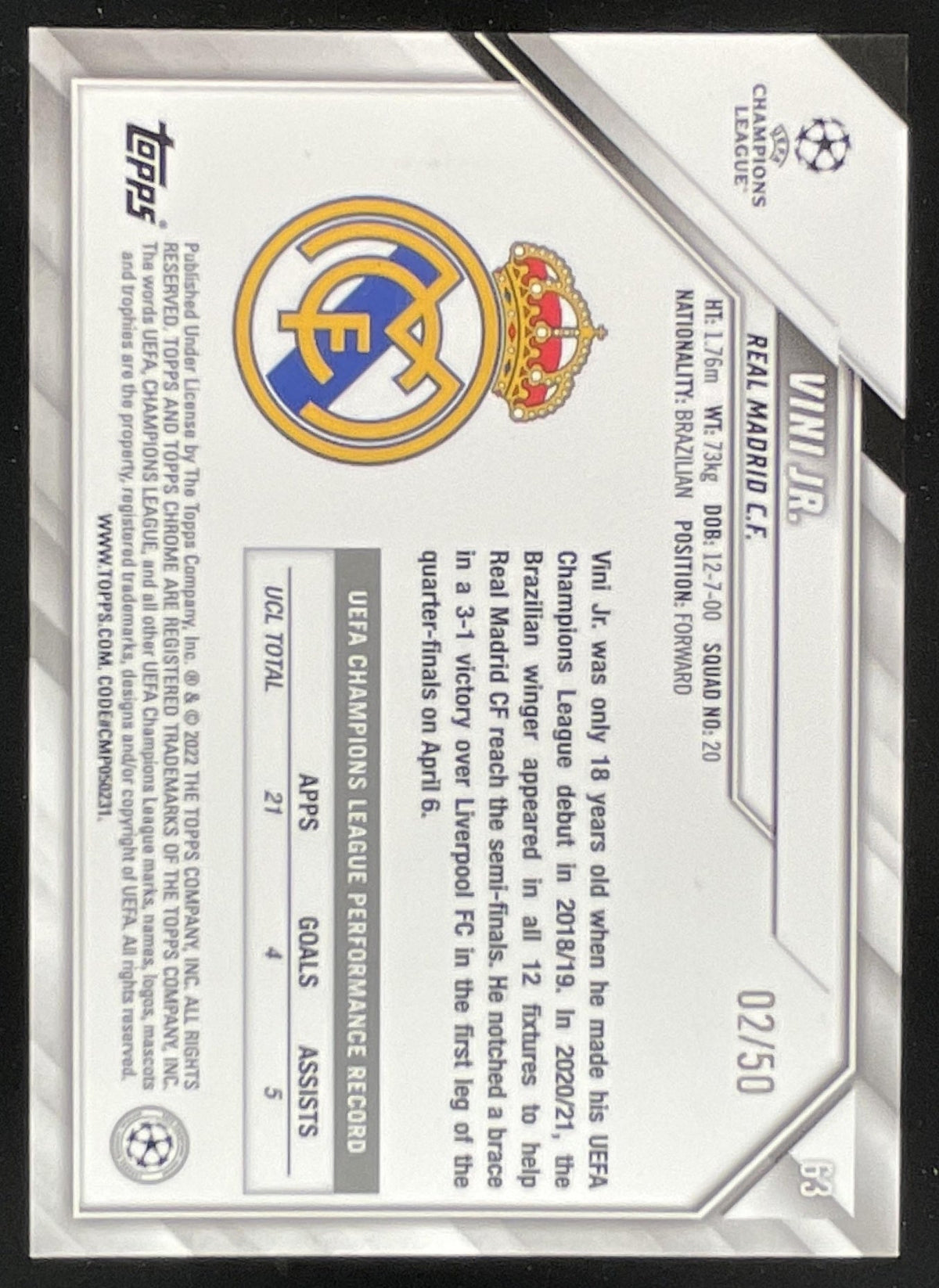 2021-22 Topps Chrome UEFA Champions League Gold Mini Diamond #63 Vini Jr./50 product image 2, provided for visual reference