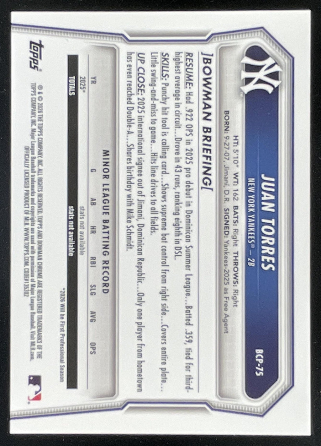 2026 Bowman Sapphire Chrome Prospects Gold Refractor #BCP-75 Juan Torres RC /50 product image 2, provided for visual