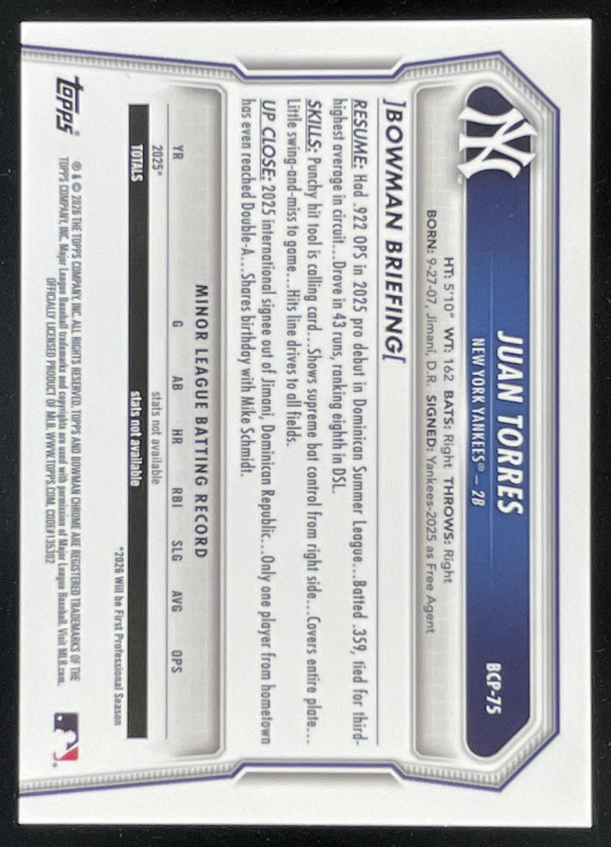 2026 Bowman Sapphire Chrome Prospects Gold Refractor #BCP-75 Juan Torres RC /50 product image 2, provided for visual