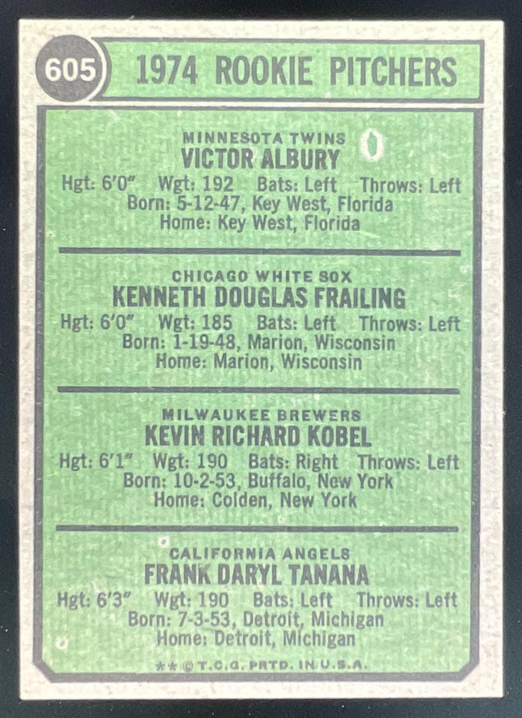1974 Topps #605 1974 Rookie Vic Albury Ken Frailing Kevin Kobel Frank Tanana RC product image 2, provided for visual
