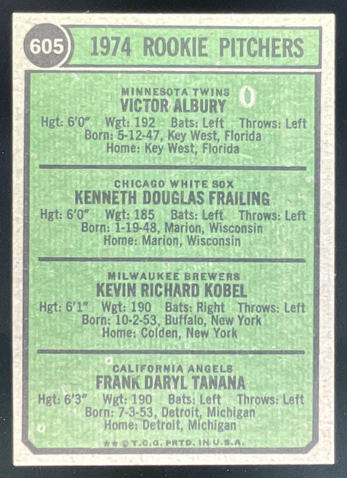 1974 Topps #605 1974 Rookie Vic Albury Ken Frailing Kevin Kobel Frank Tanana RC product image 2, provided for visual