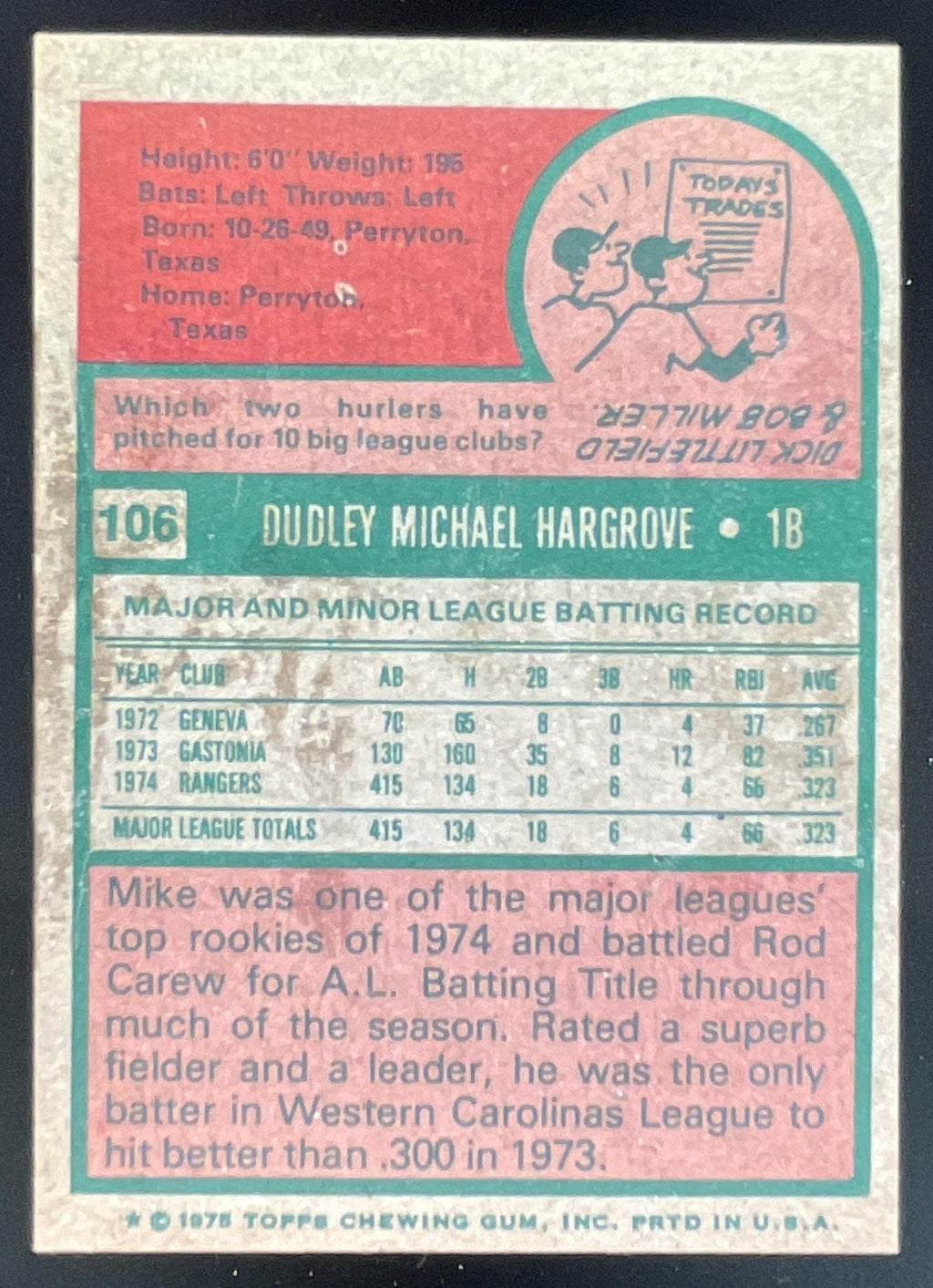 1975 Topps #106 Mike Hargrove Super Rookie UER RC All-Star ROOKIE product image 2, provided for visual reference and product