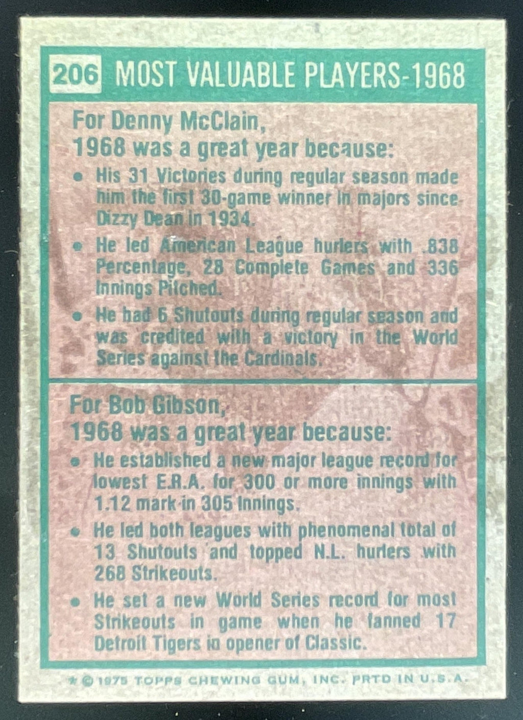 1975 Topps #206 1968s Denny McLain Bob Gibson UER MVP product image 2, provided for visual reference and product detail