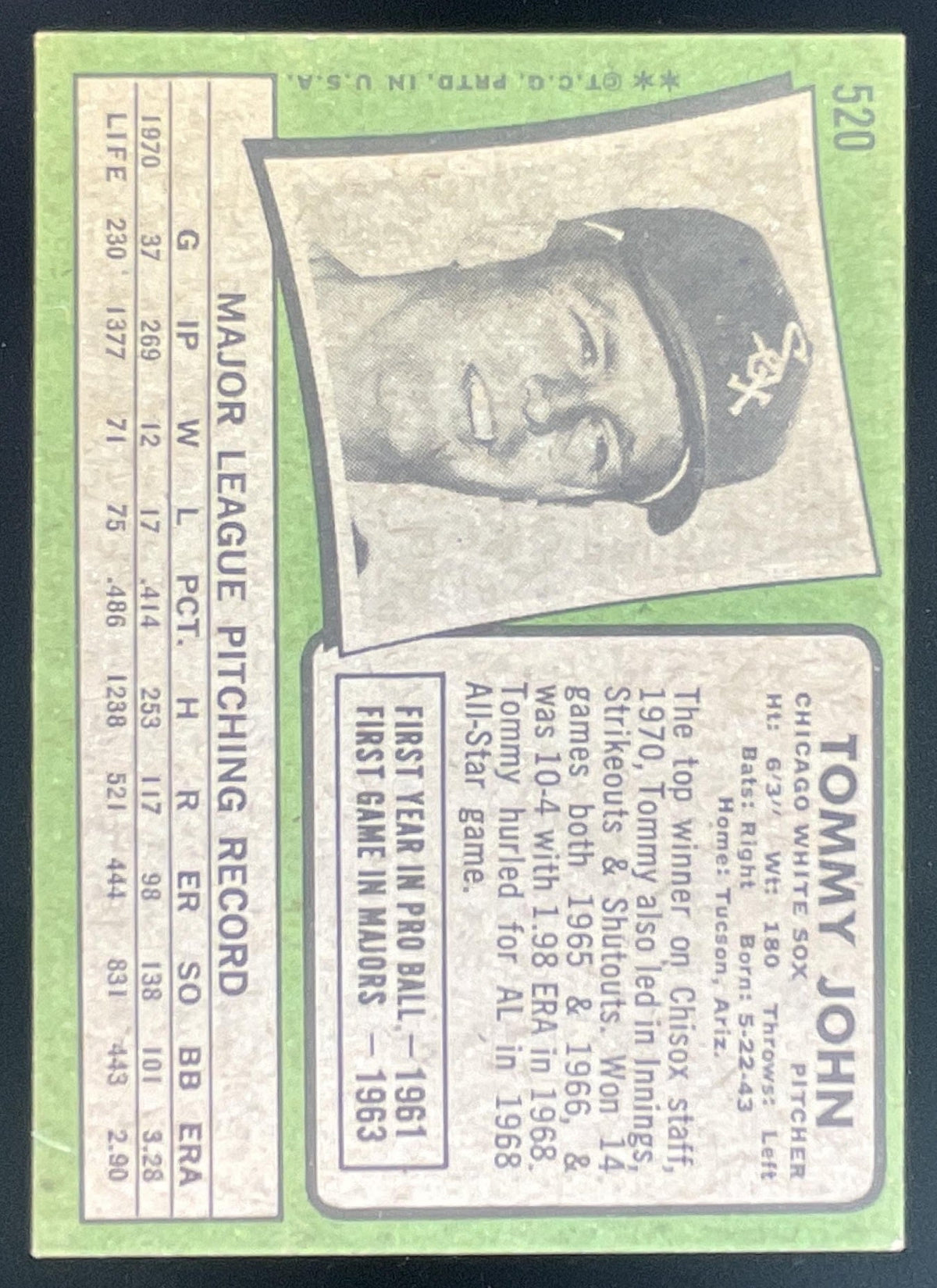 1971 Topps #520 Tommy John product image 2, provided for visual reference and product detail review