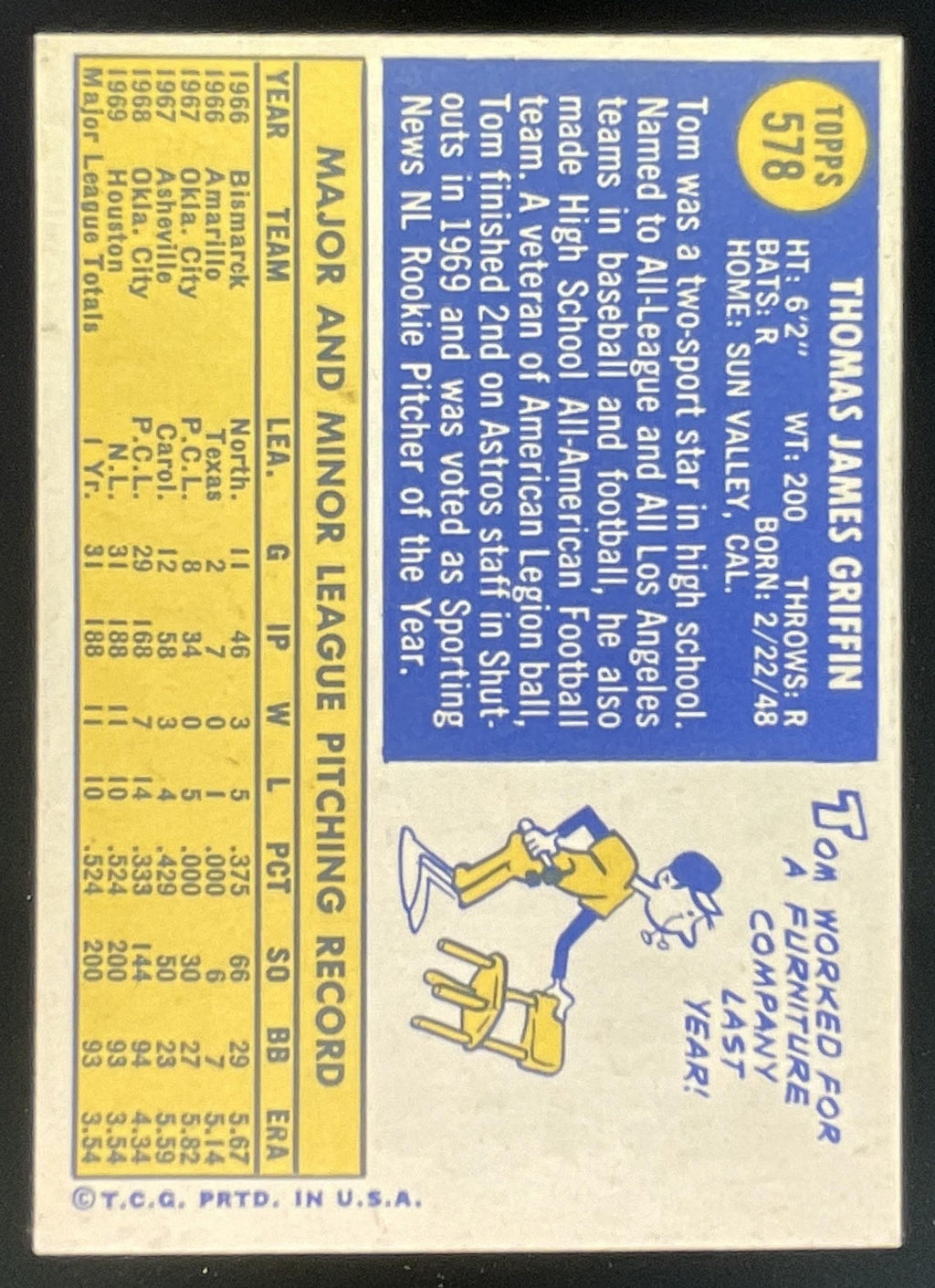 1970 Topps #578 Tom Griffin product image 2, provided for visual reference and product detail review