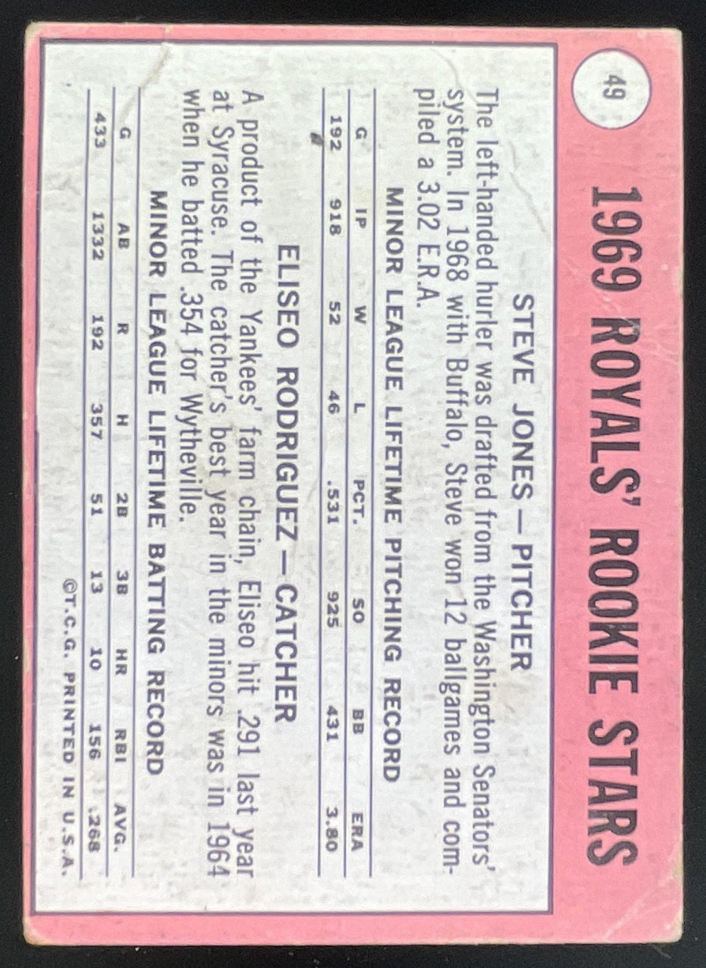 1969 Topps #49a Royals 1969 Rookie Stars Steve Jones Eliseo Rodriguez E RC product image 2, provided for visual reference