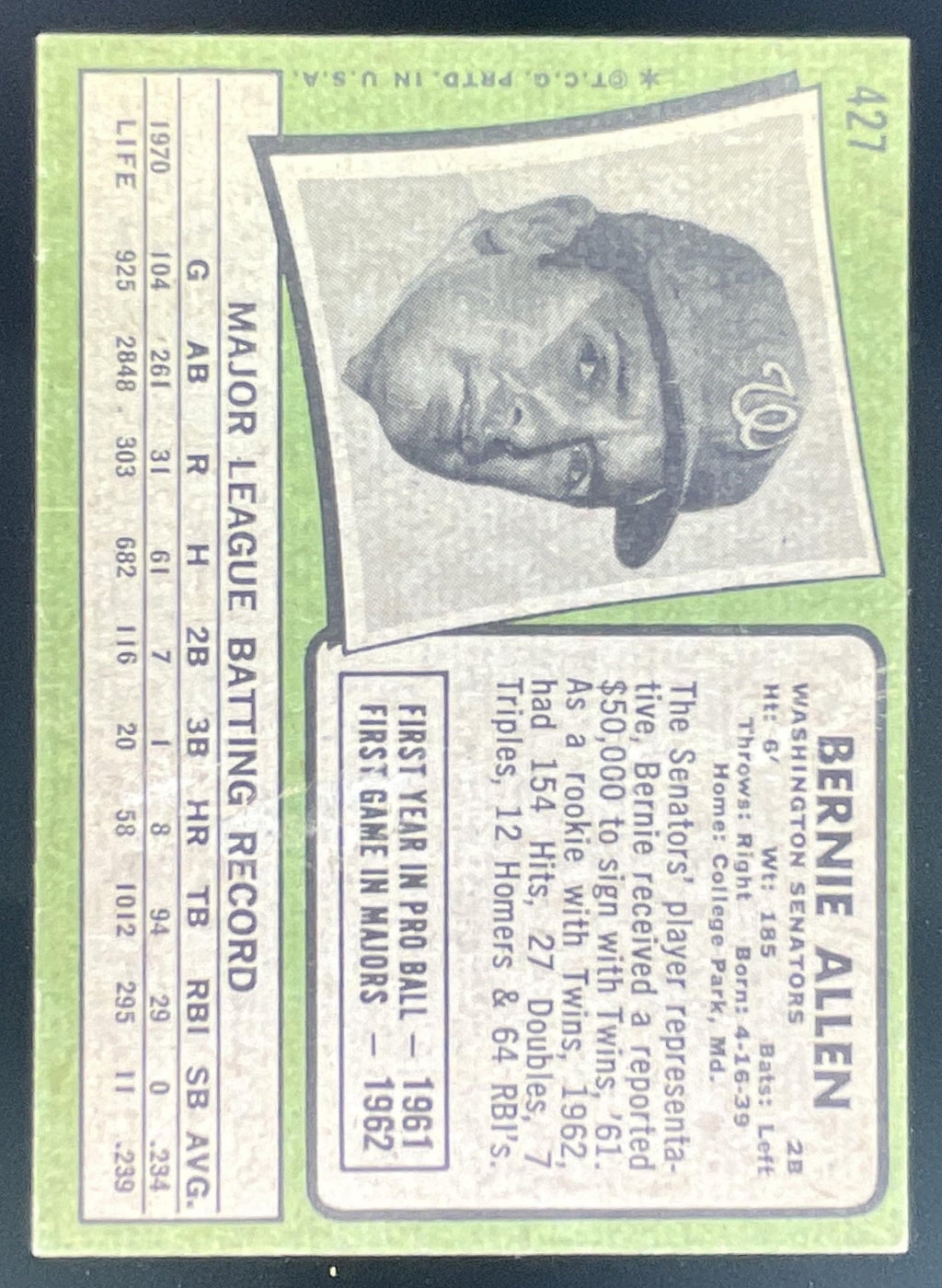 1971 Topps #427 Bernie Allen product image 2, provided for visual reference and product detail review