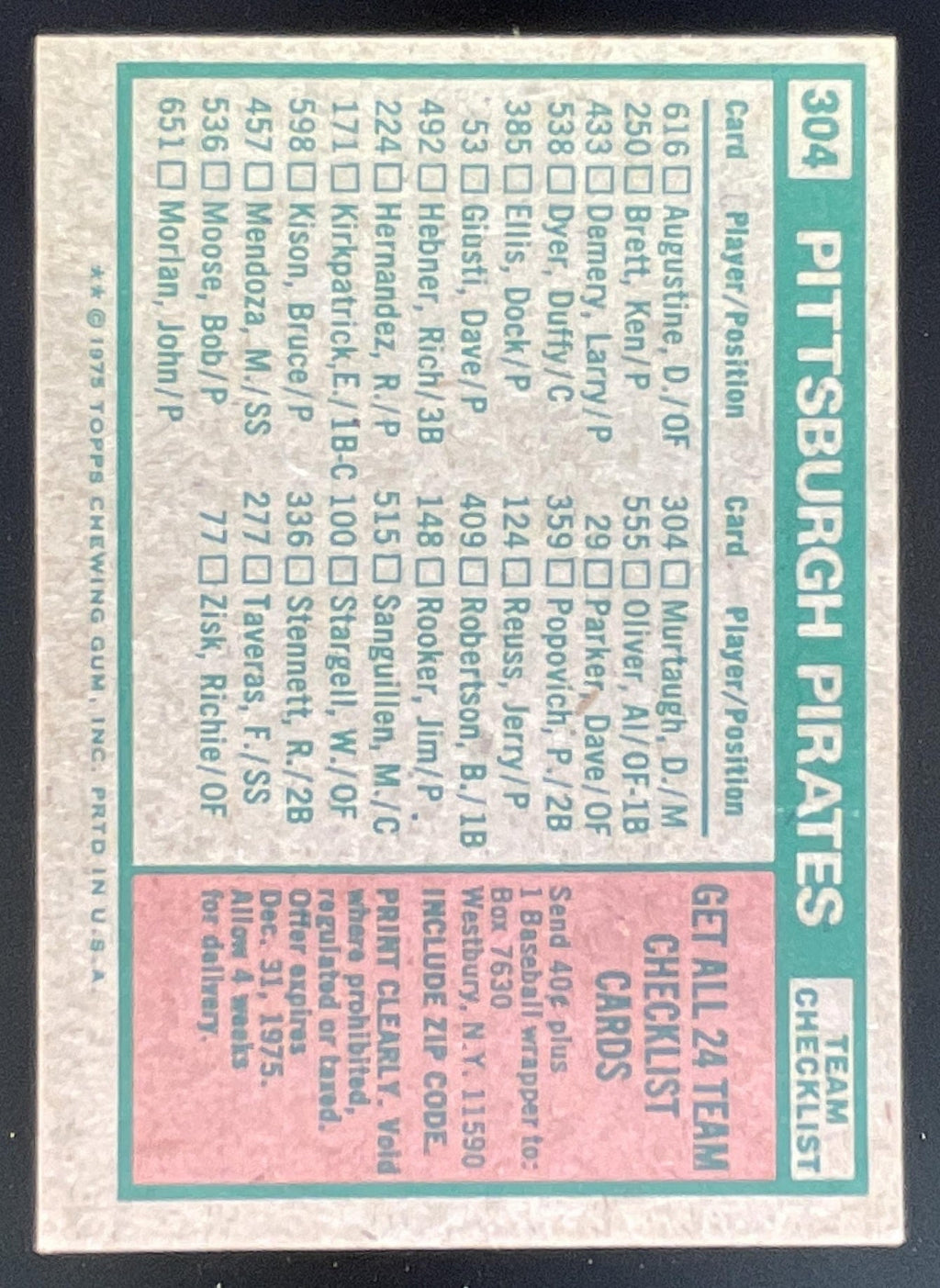 1975 Topps #304 Pittsburgh Pirates Danny Murtaugh MGR Checklist Card Team Card product image 2, provided for visual