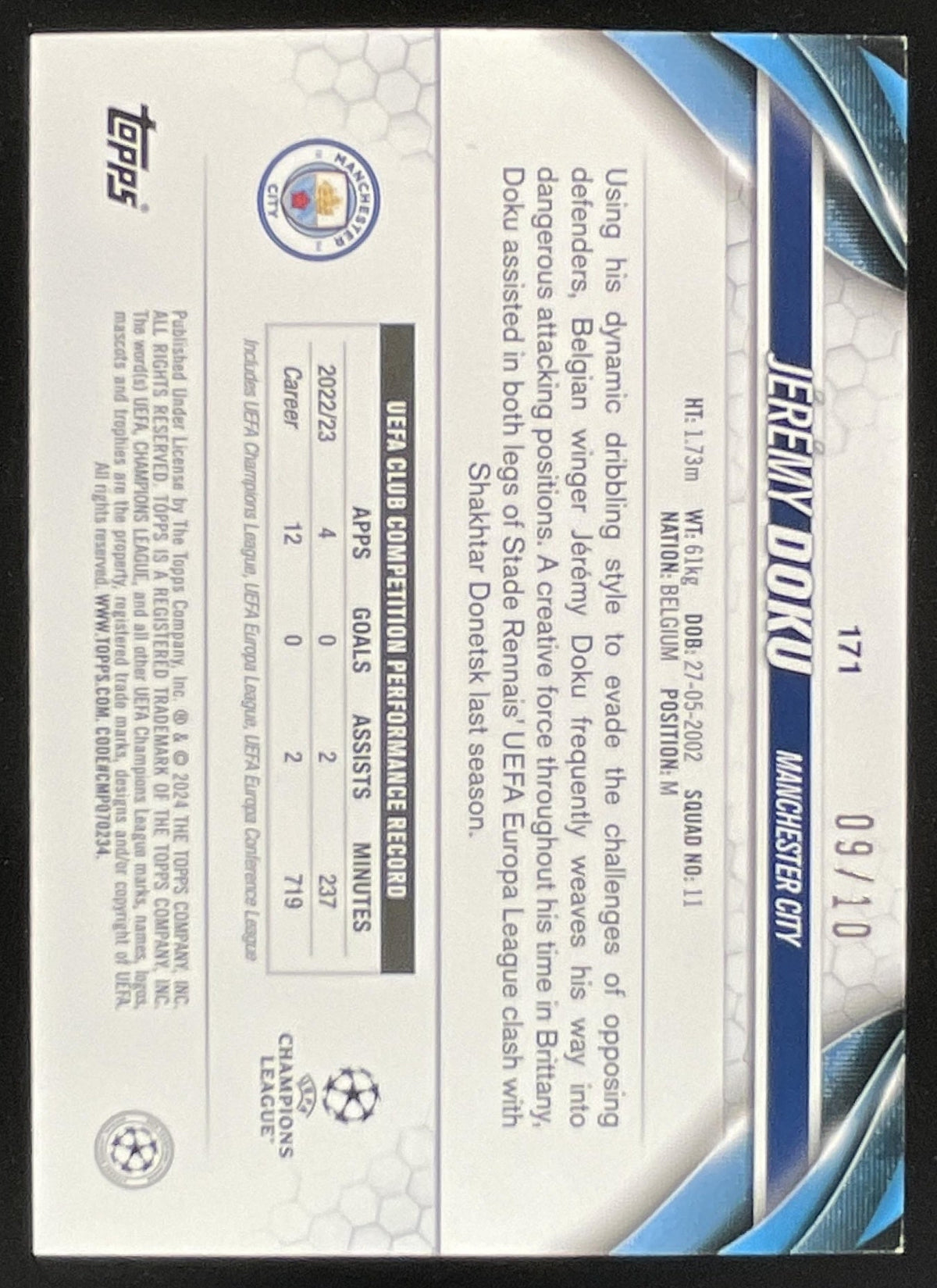 2023-24 Topps UEFA Club Competitions Icy Black Foilboard #171 Jeremy Doku /10 product image 2, provided for visual reference