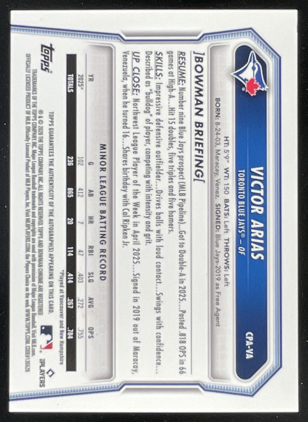 2026 Bowman Chrome Prospect Speckle #CPA-VA Victor Arias RC Auto /299 product image 2, provided for visual reference and