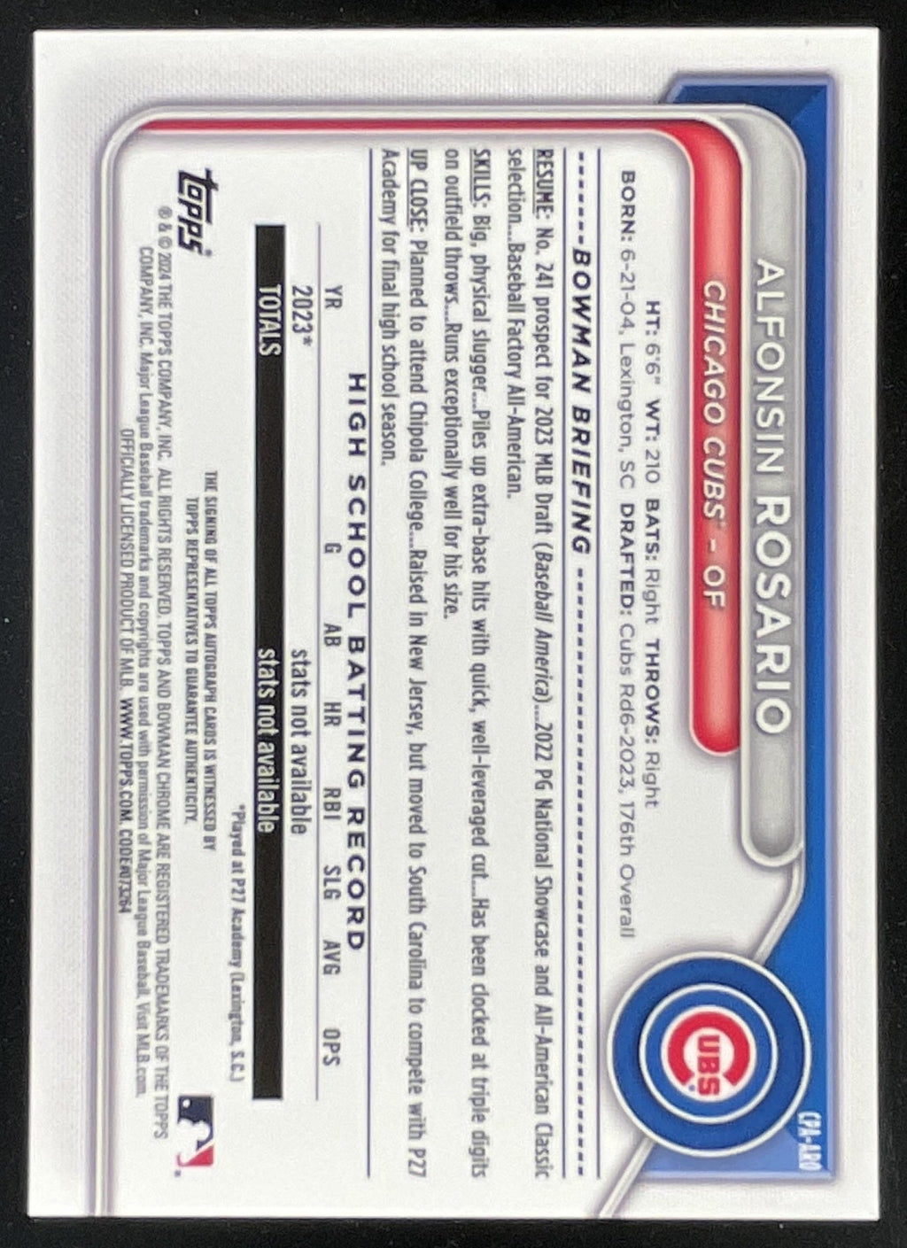 2024 Bowman Chrome Prospect Green Shimmer #CPA-ARO Alfonsin Rosario RC Auto /99 product image 2, provided for visual