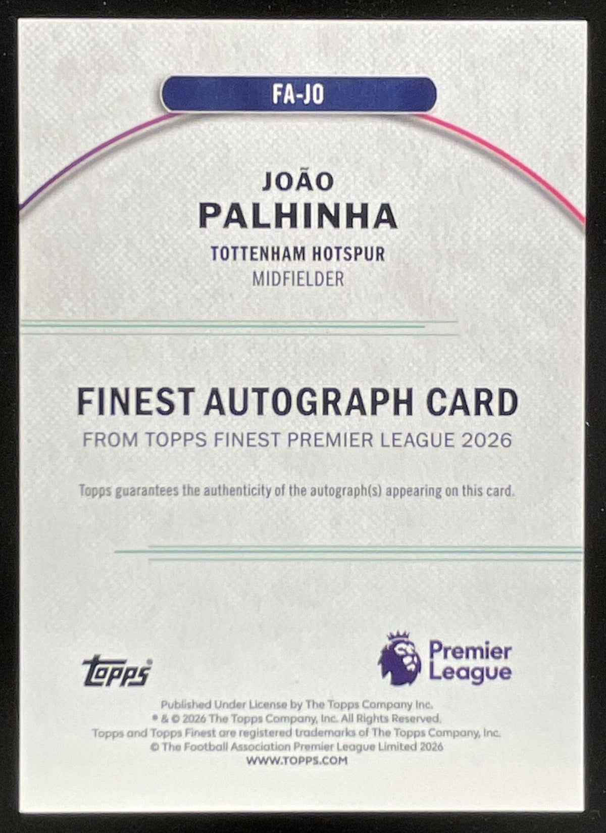 2025-26 Topps Finest Premier League Finest #FA-JO Joao Palhinha Auto product image 2, provided for visual reference and